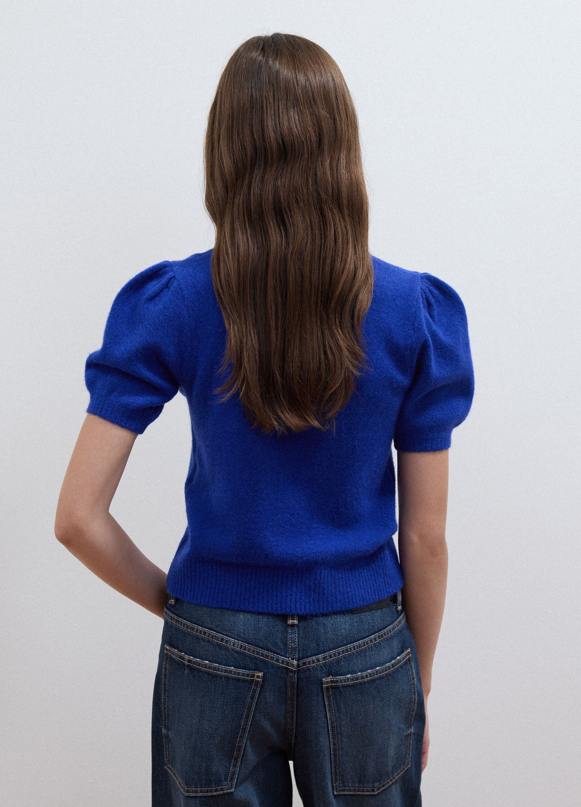 Blue stretch viscose crew-neck top, regular fit