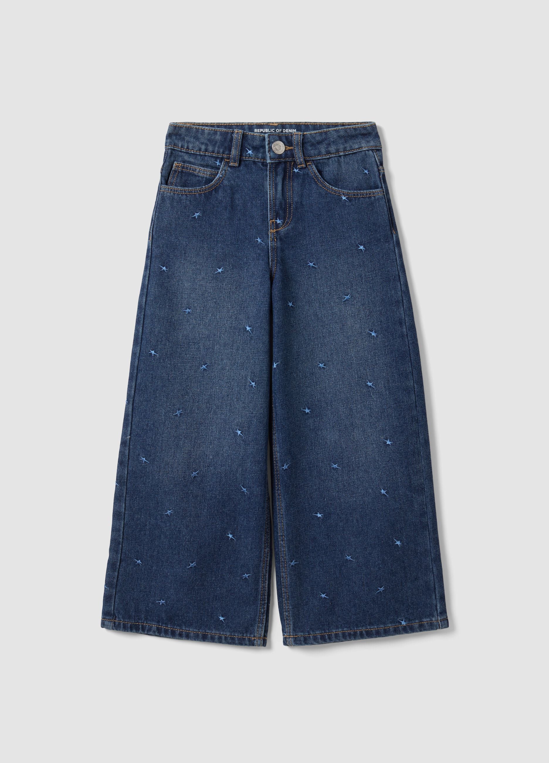 Blue cotton-blend jeans with viscose and lyocell, embroidered, for girls