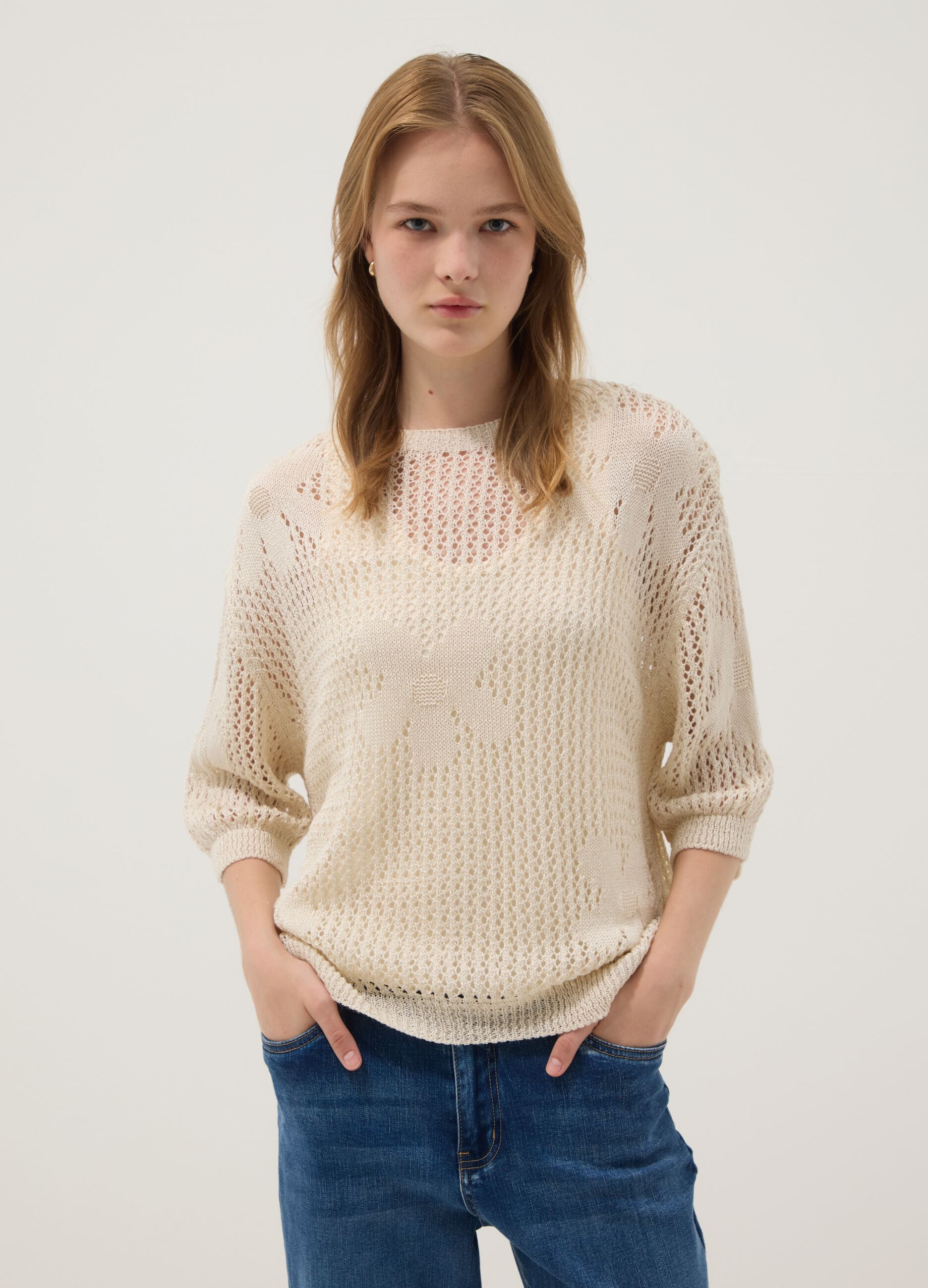 Beige open-knit floral regular-fit top