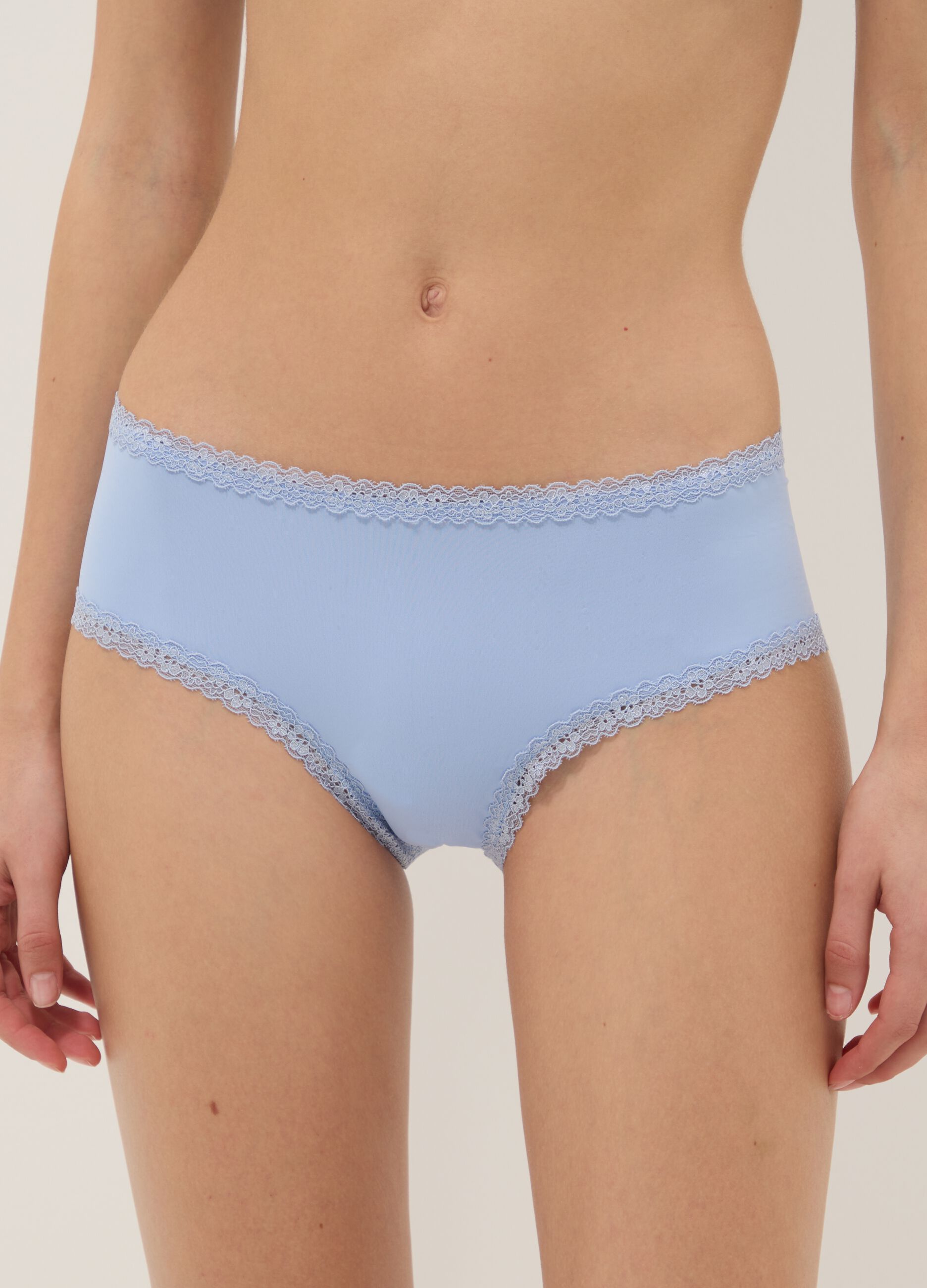 Blue stretch-fabric briefs with lace detailing, regular fit