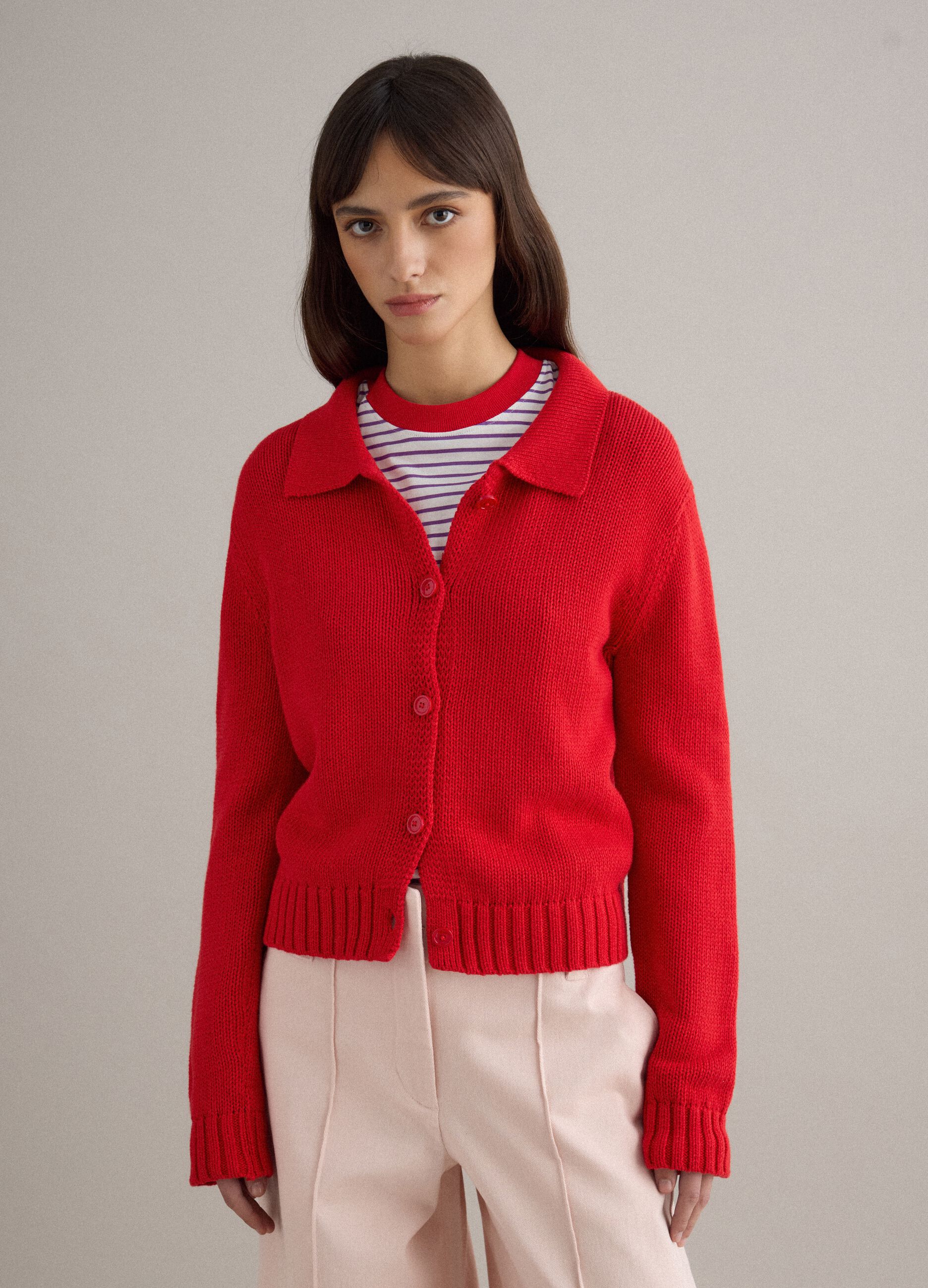 Regular Fit Red Cotton Cardigan with Polo Collar