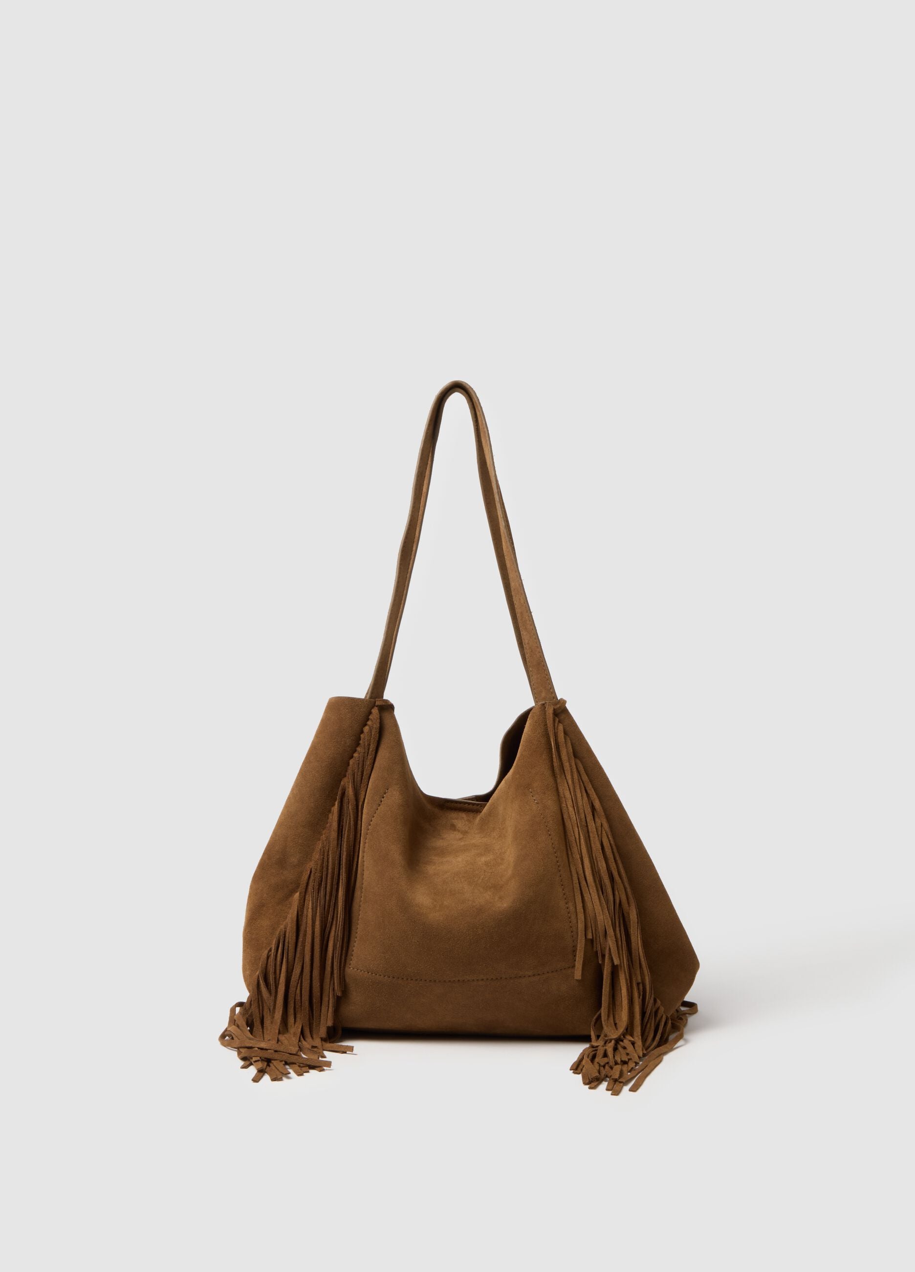 Brown Genuine Leather Shopper Bag with Fringes