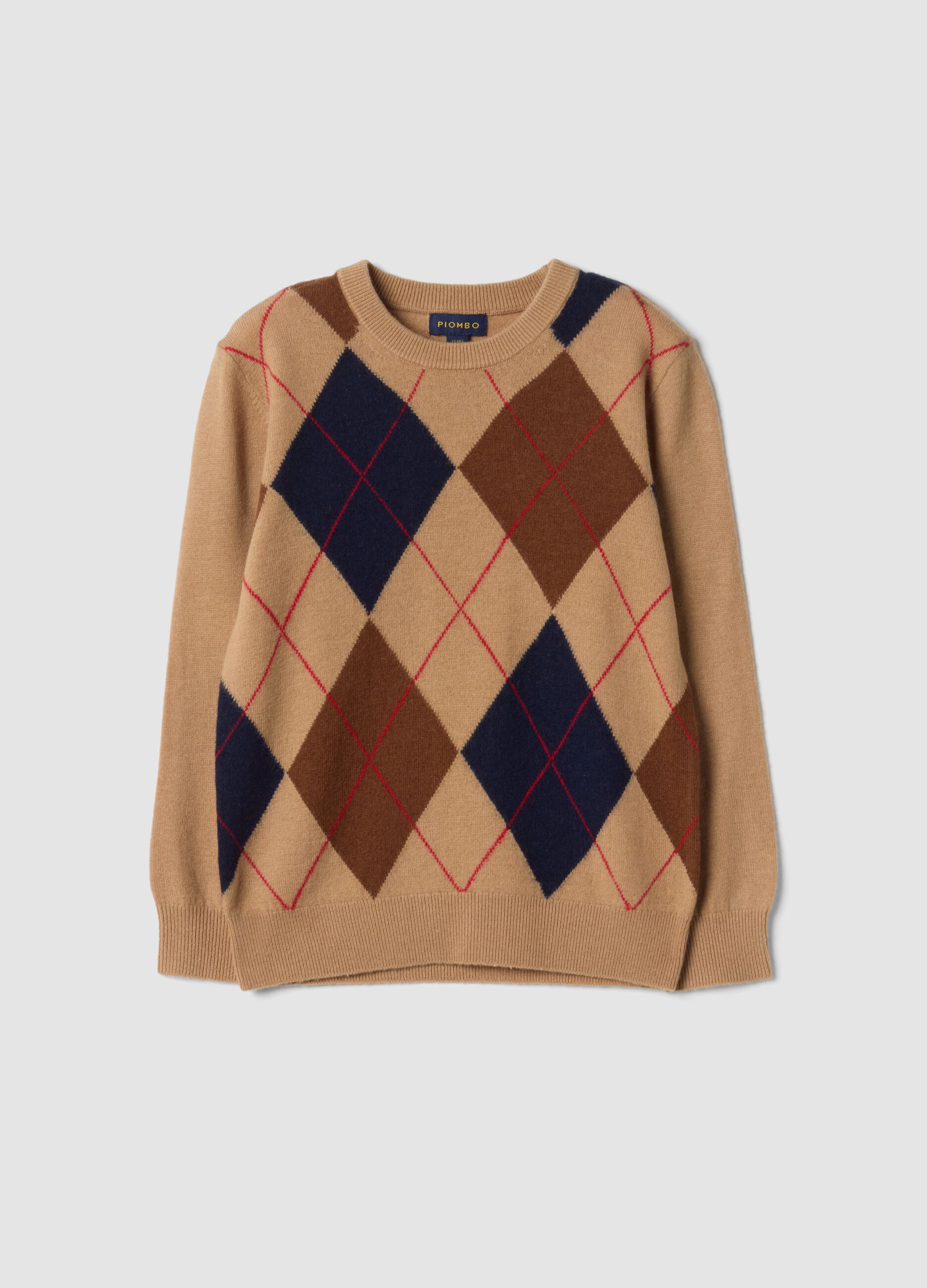 Beige pure wool jumper with jacquard crew neck