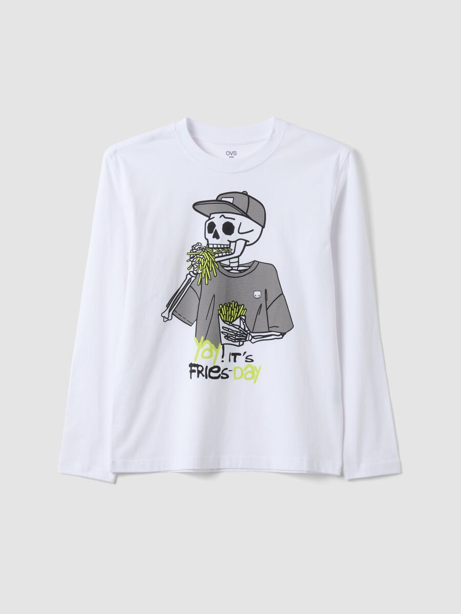 T-shirt bianca in puro cotone organico con stampa scheletro relaxed fit_0