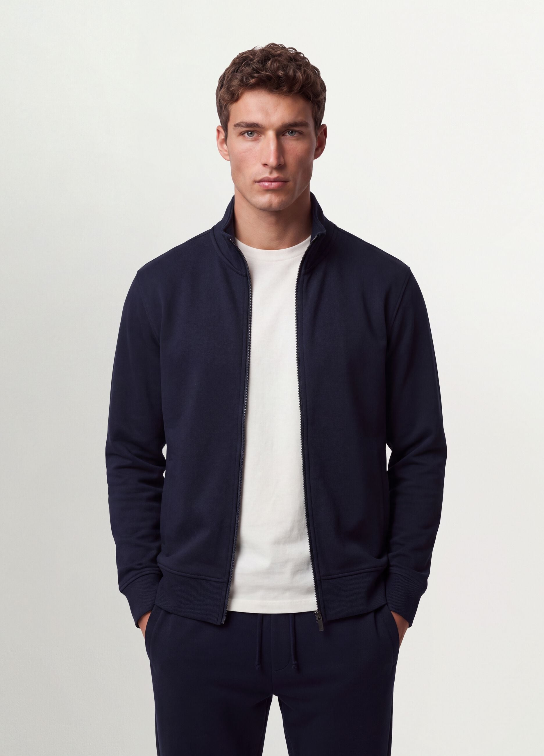 Blue cotton-blend sweatshirt with crew neck and zip, regular fit