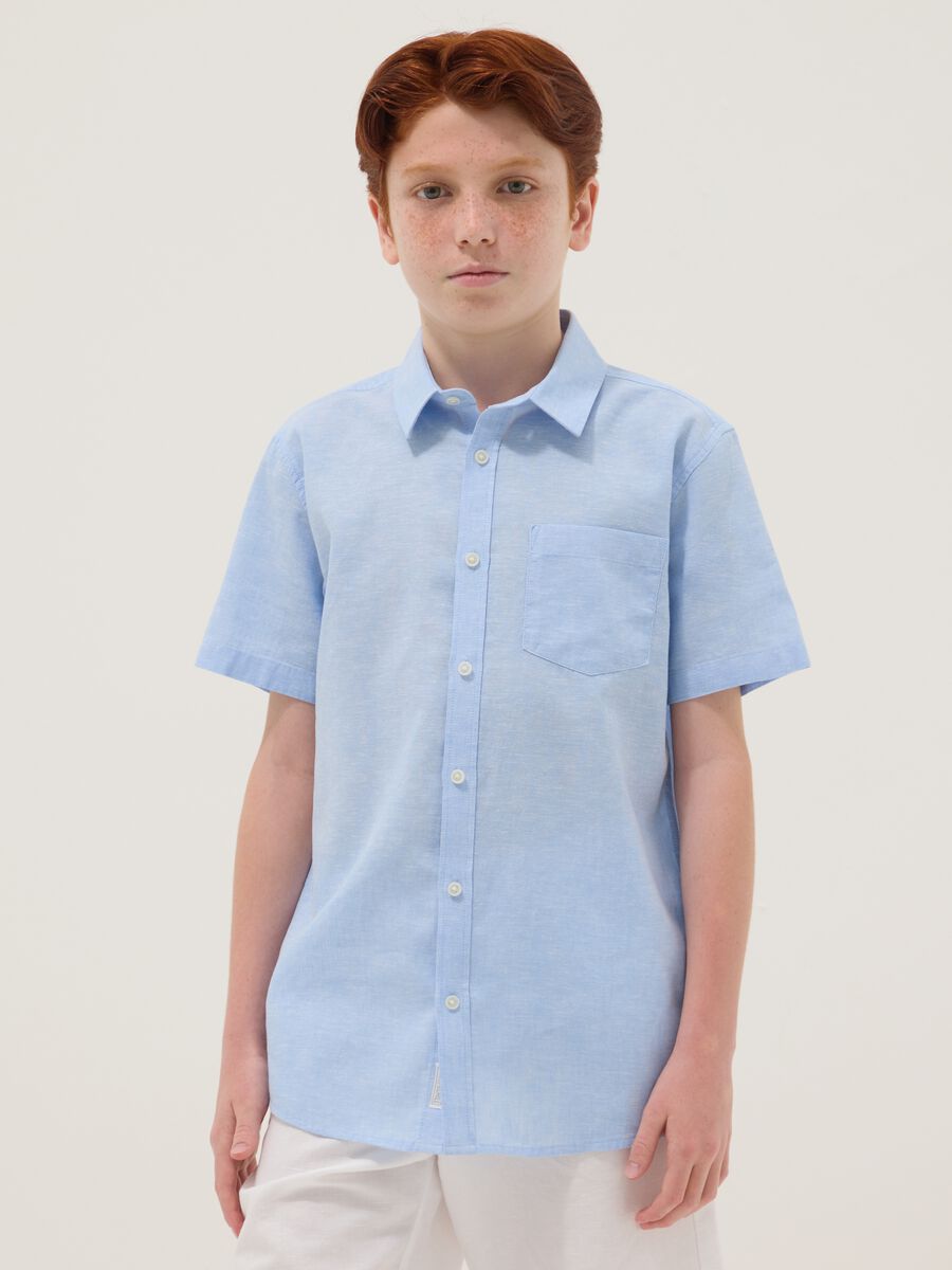 Boys&rsquo; light blue short-sleeve linen-cotton blend shirt, regular fit_1