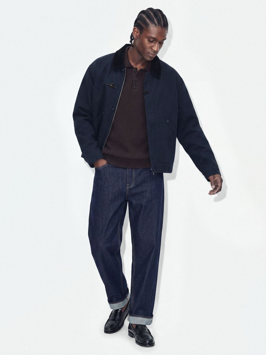 Giacca blu crop in puro cotone imbottita over fit_1