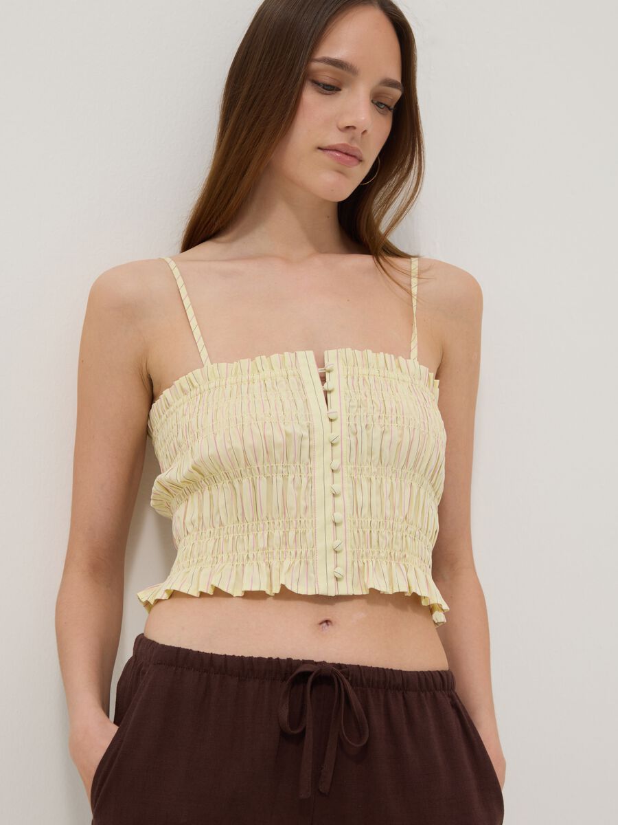 Yellow pure cotton tank top with ruched finish_0
