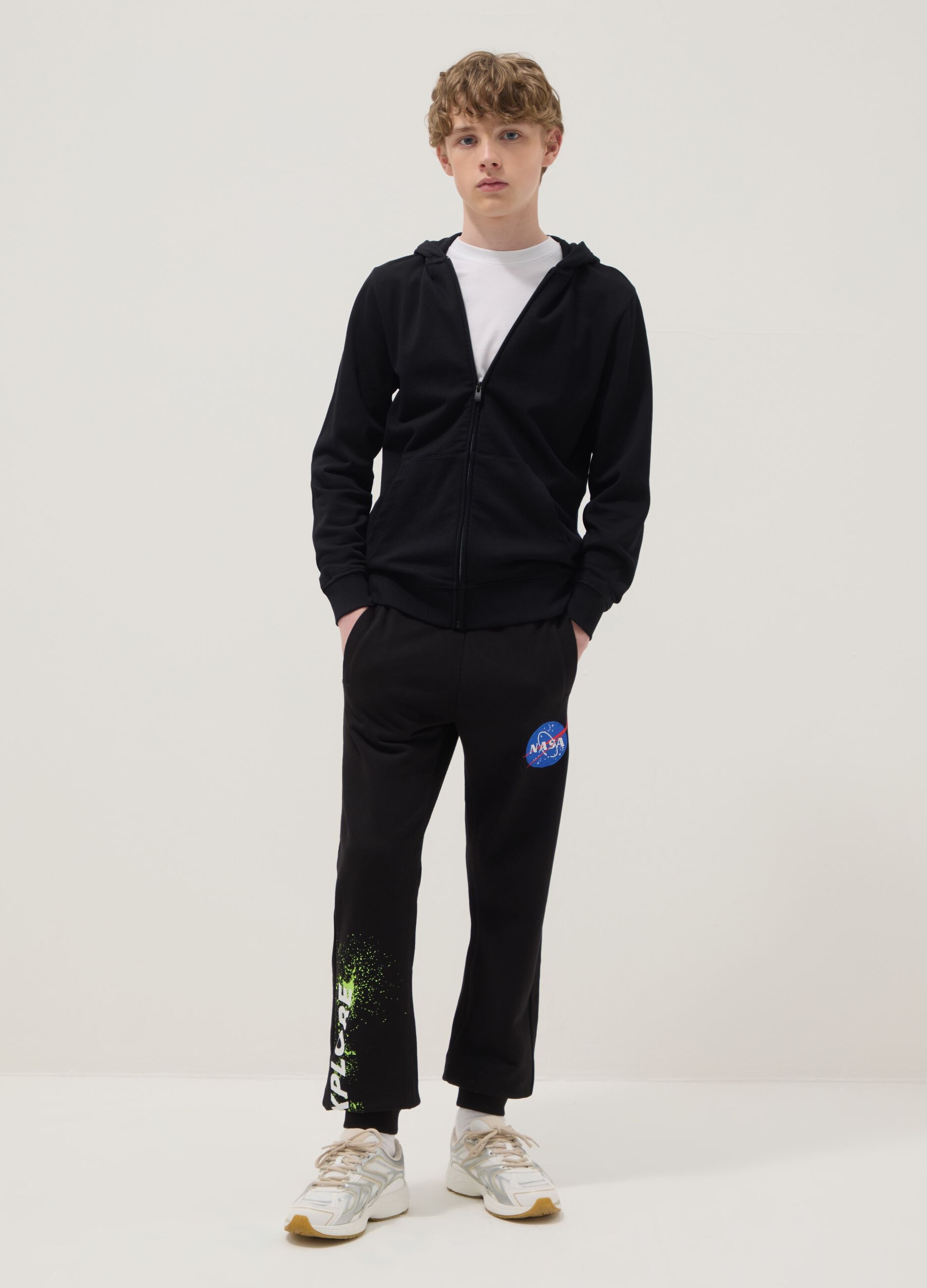 Boys' regular fit black cotton blend trousers with NASA patch