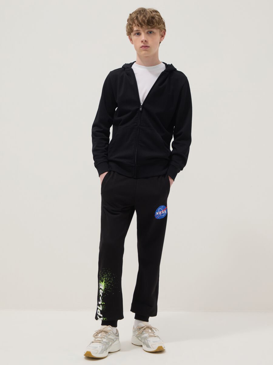 Boys' regular fit black cotton blend trousers with NASA patch_0