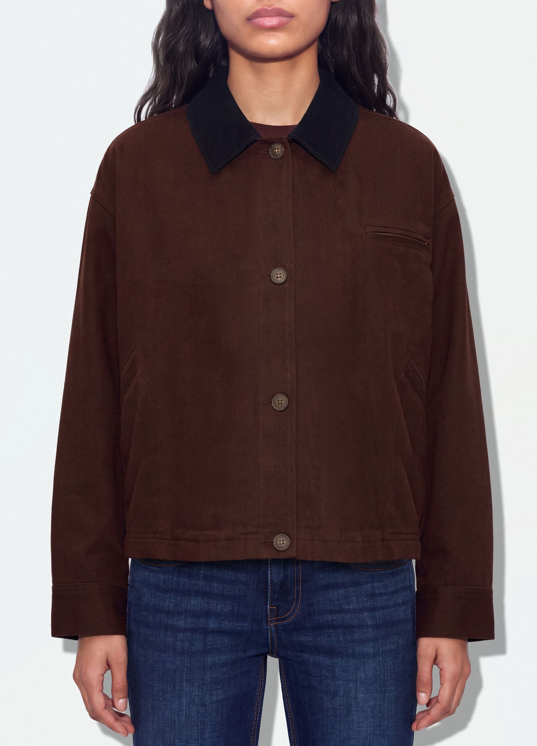 Brown pure cotton bomber jacket with contrast collar, regular fit