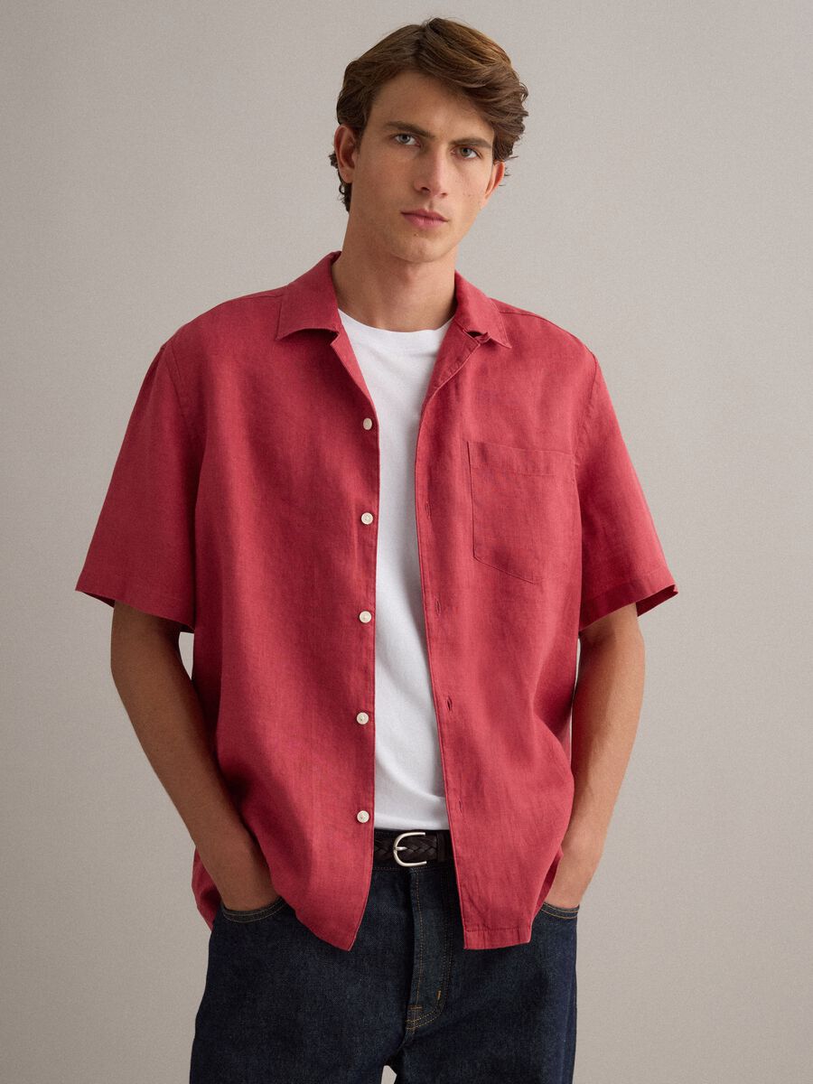 Red shirt with bowling collar in pure linen_0