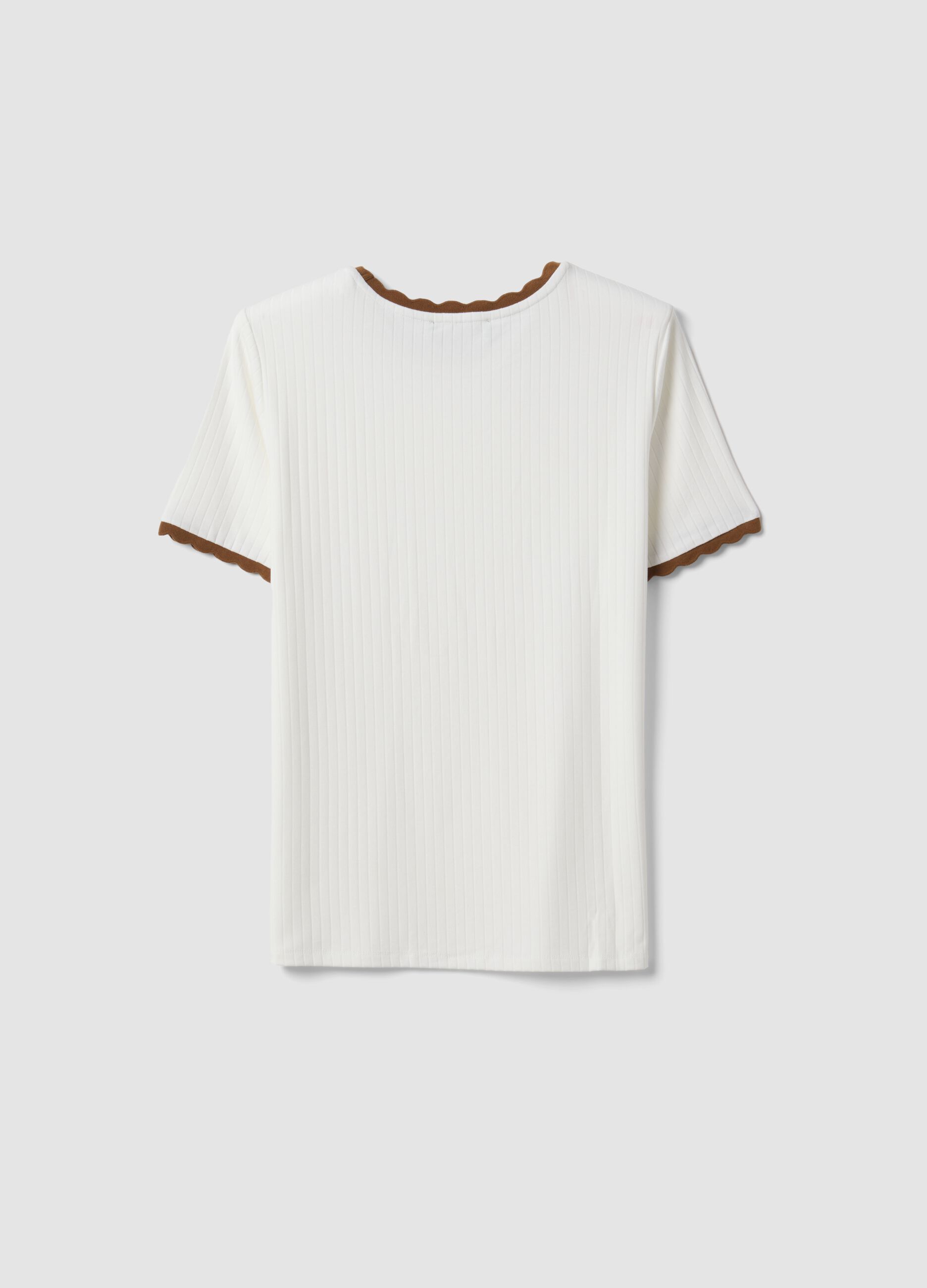 White stretch viscose crew-neck T-shirt with contrast trim