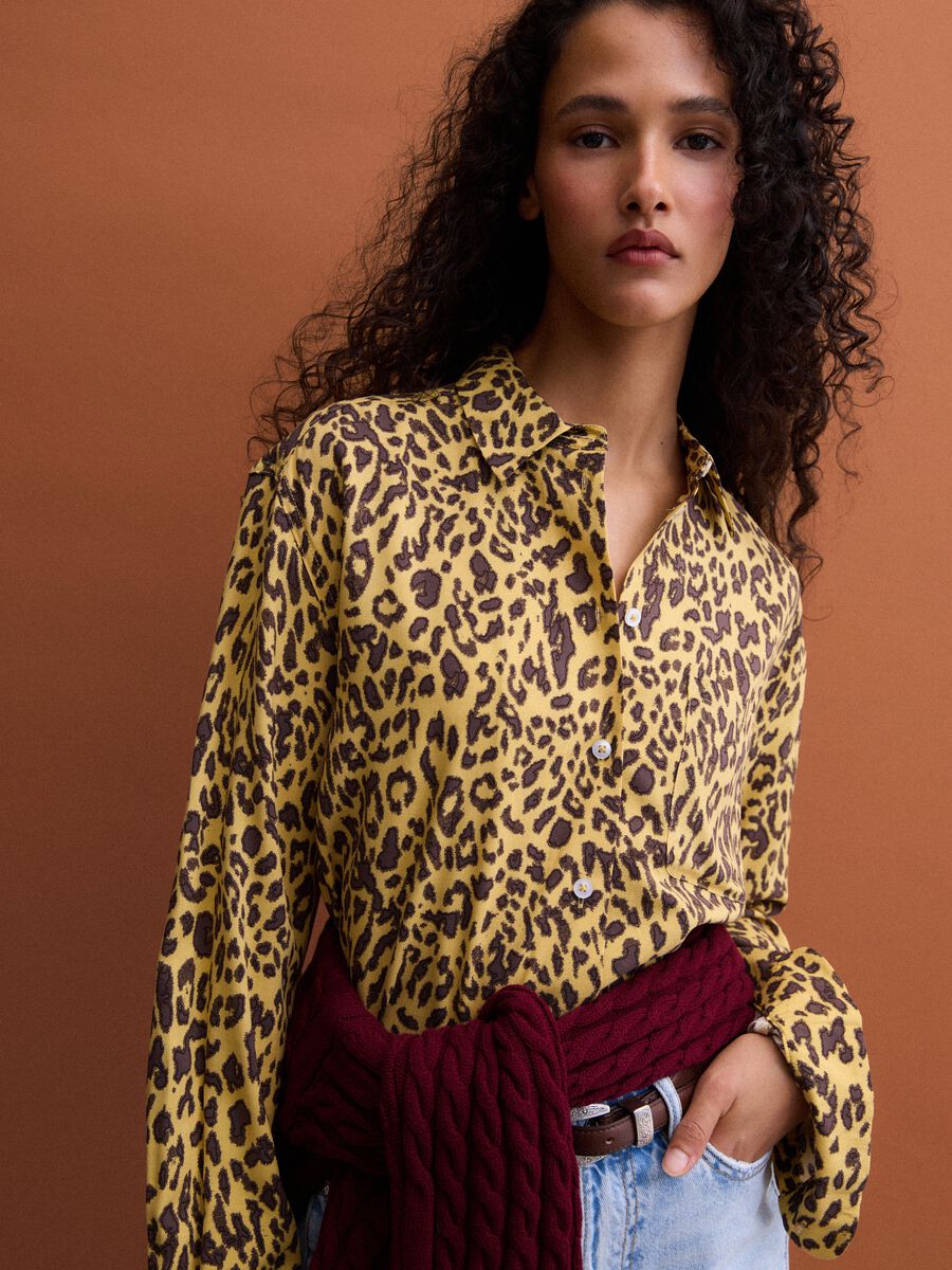 Yellow pure viscose animal-print shirt, regular fit_0