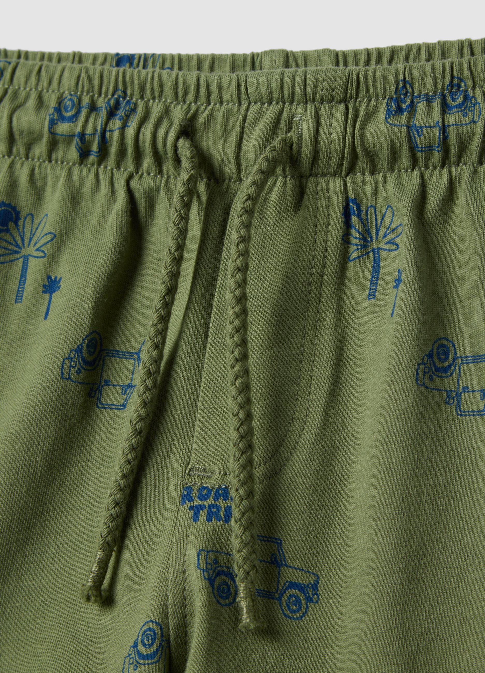 Green pure cotton shorts for children regular fit with prints