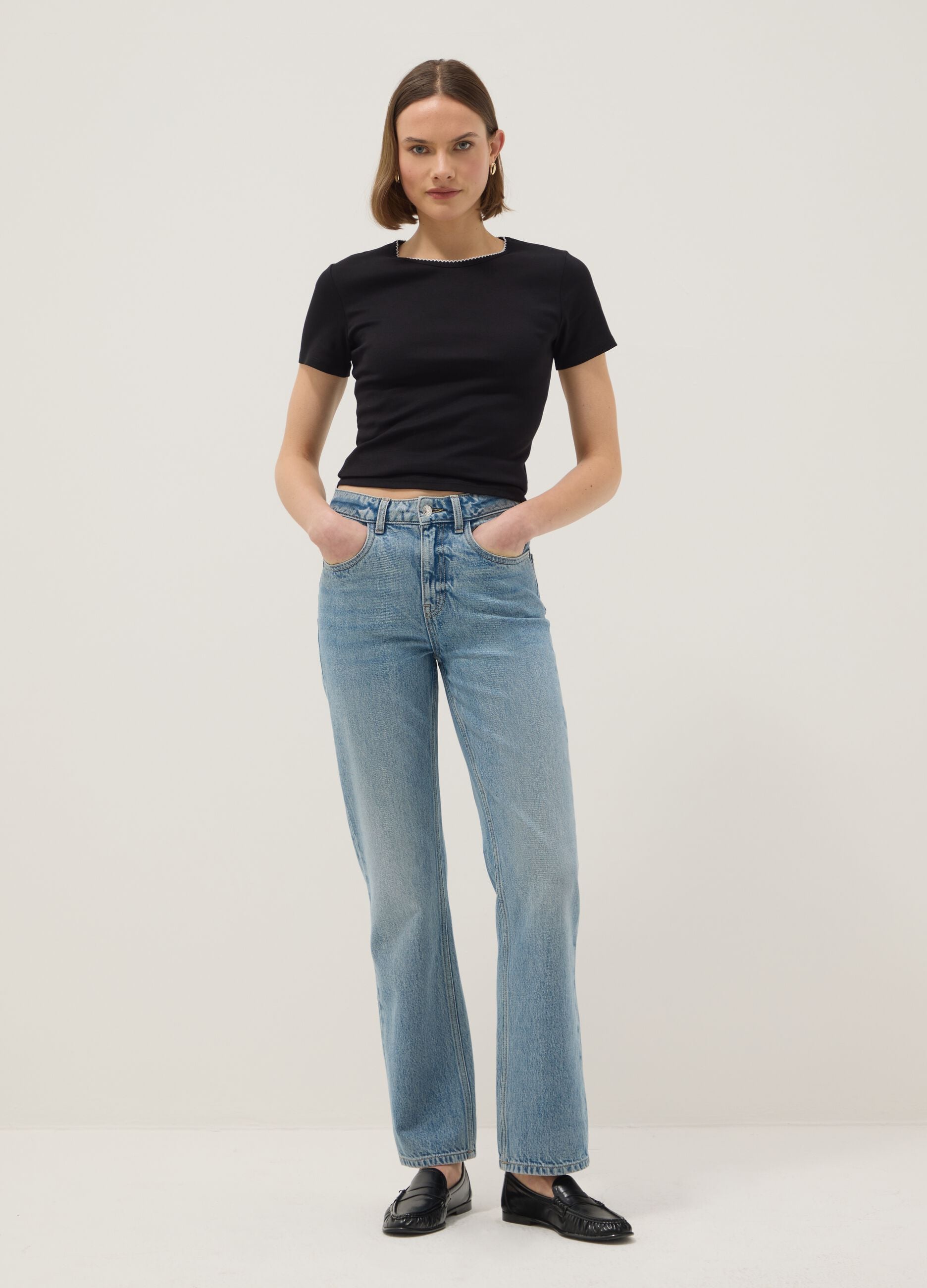 Black pure cotton regular fit T-shirt with contrast stitching