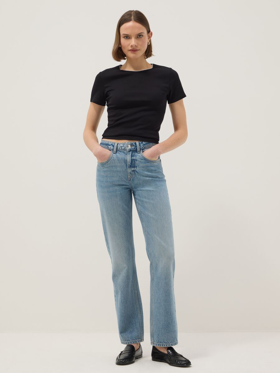 Black pure cotton regular fit T-shirt with contrast stitching_1