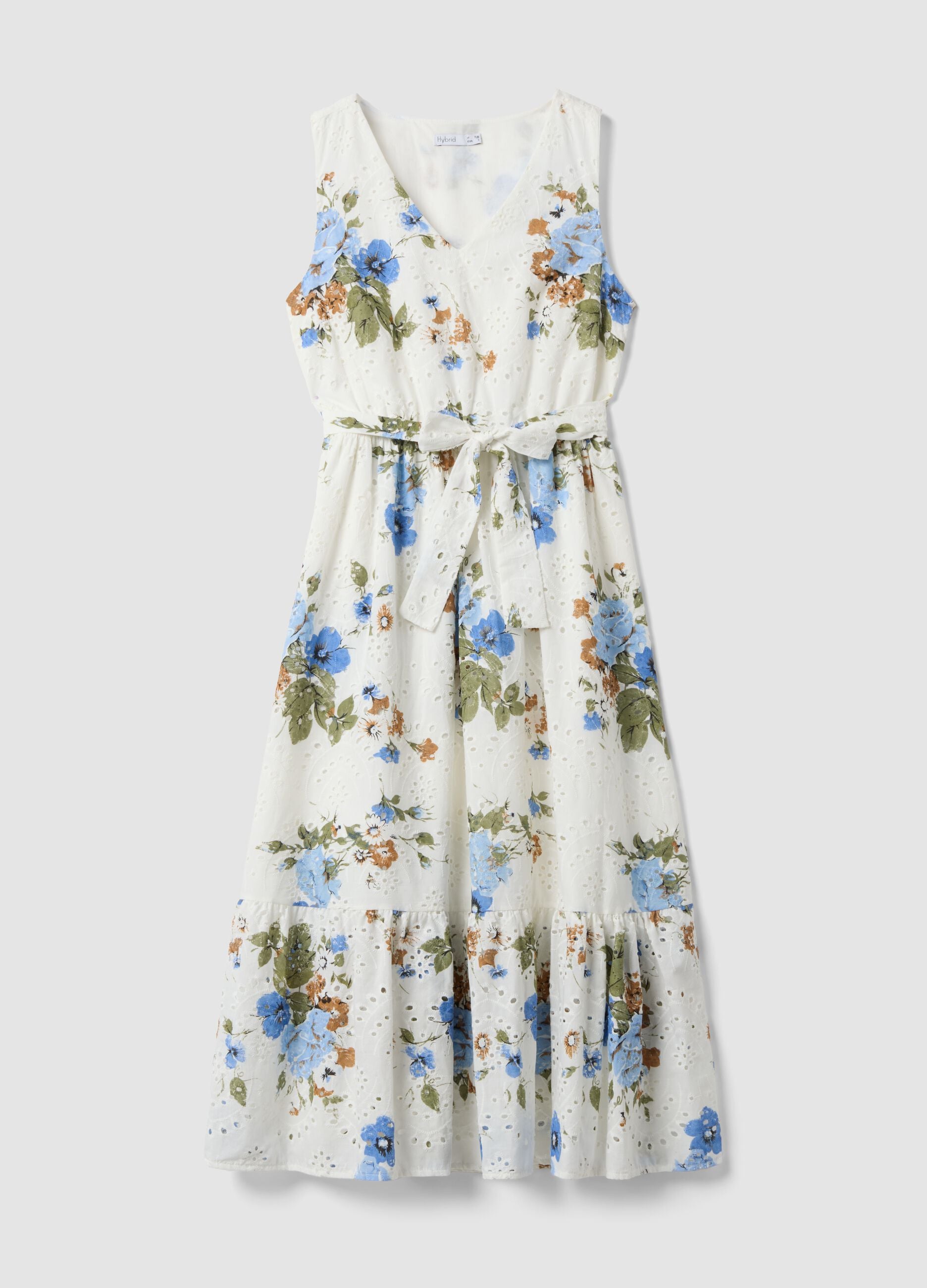 White pure cotton dress with floral print, regular fit