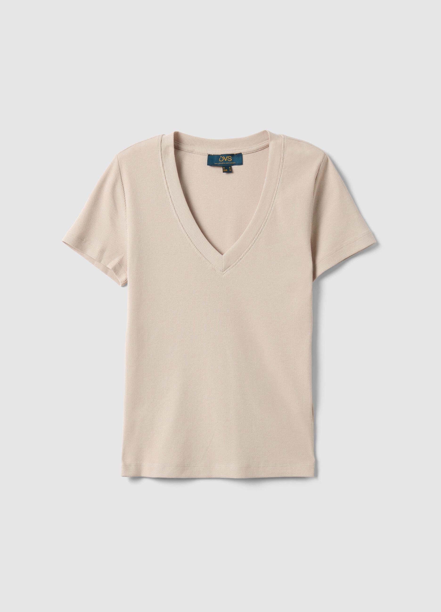Beige Stretch Cotton Regular Fit T-shirt Deep V