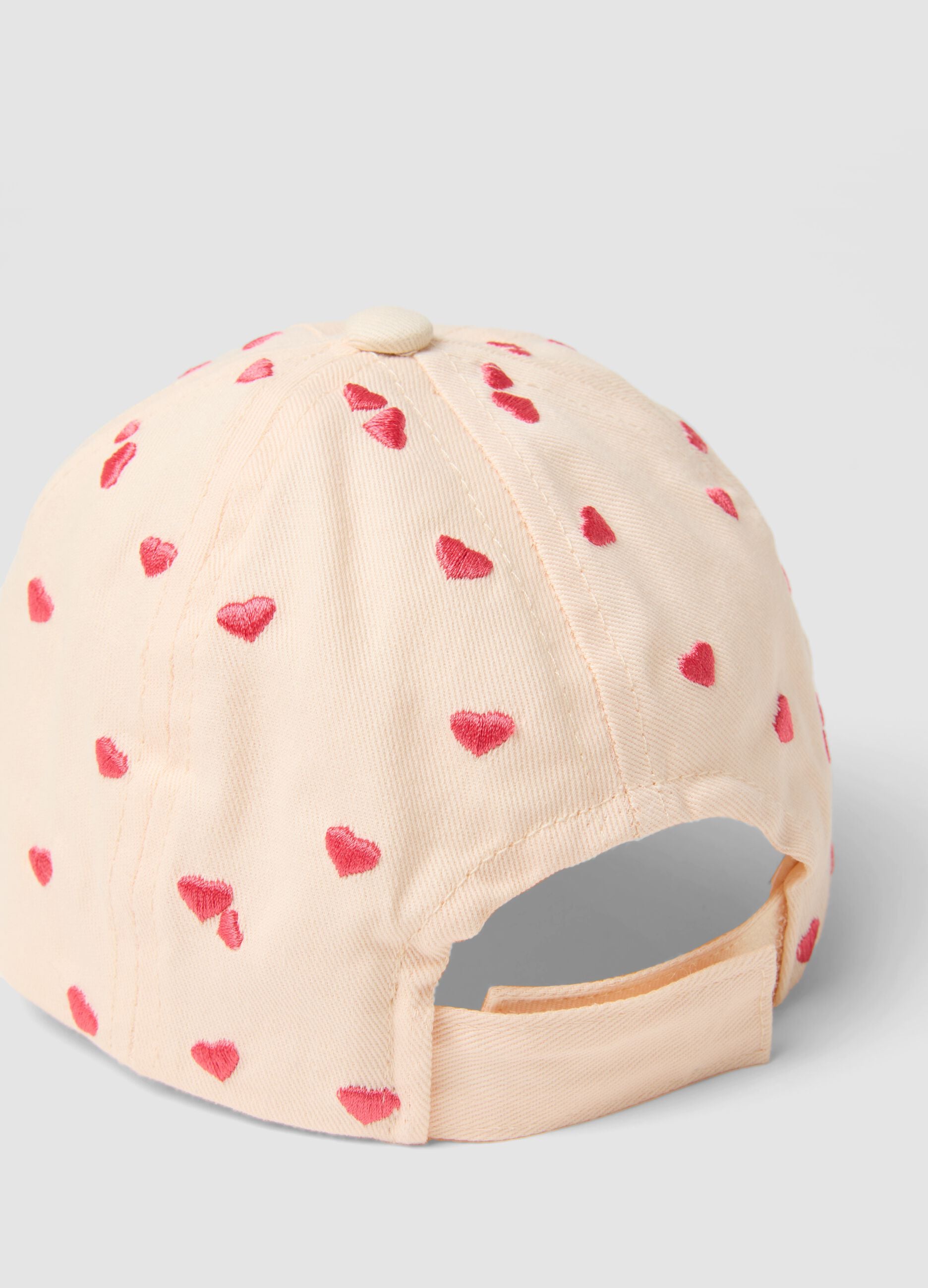 Girls' beige pure cotton hat with pink hearts