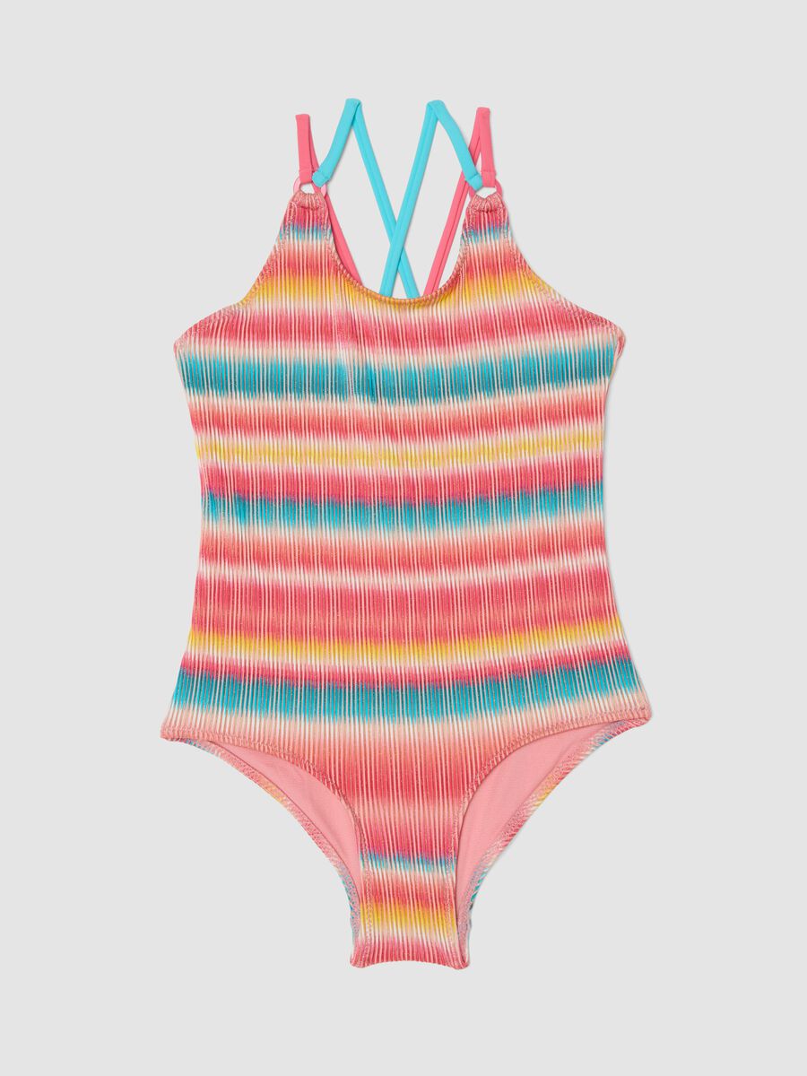 Girls&rsquo; multicolour striped stretchy one-piece swimsuit_0