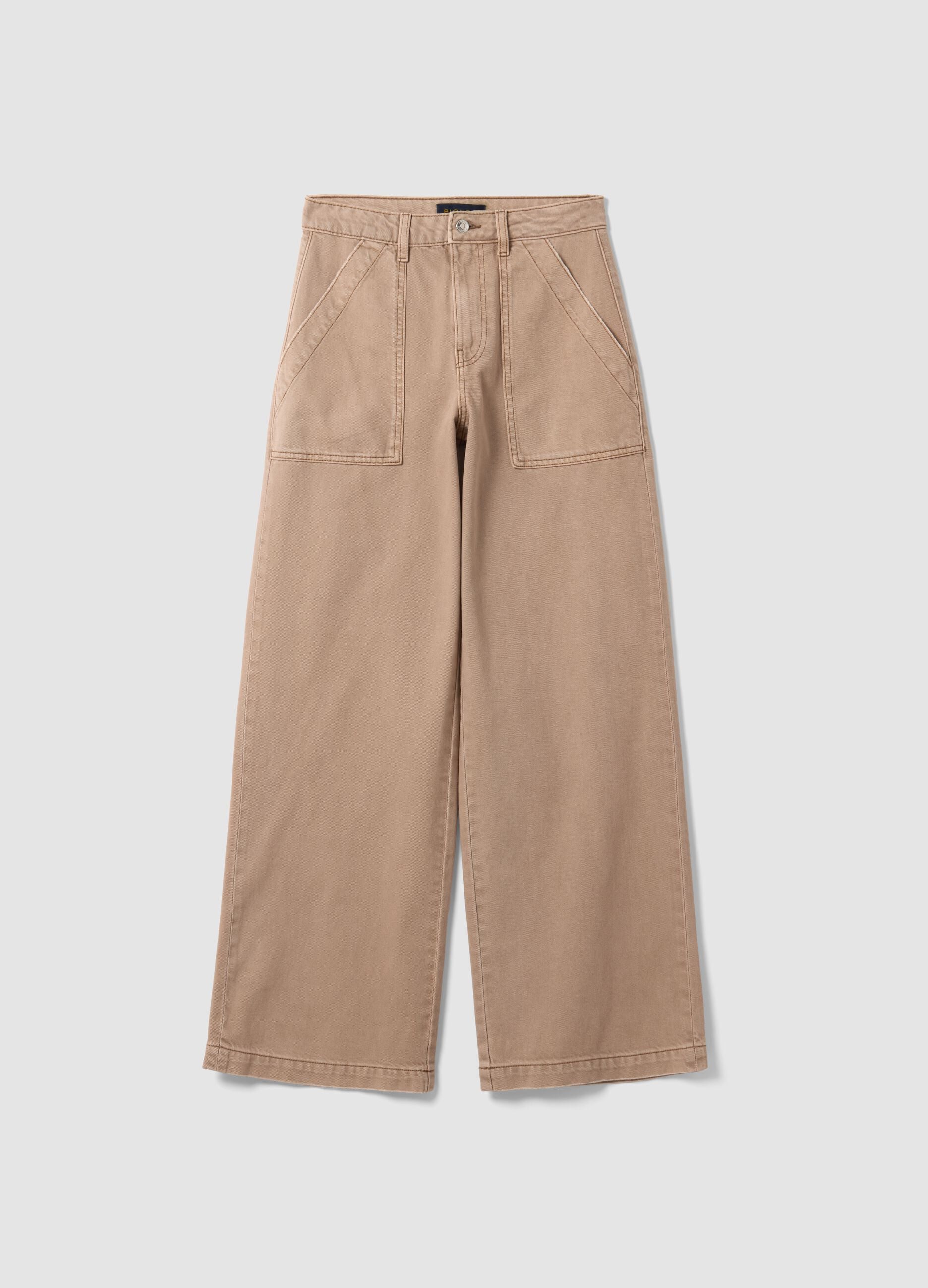 Beige denim wide-leg jeans in pure cotton