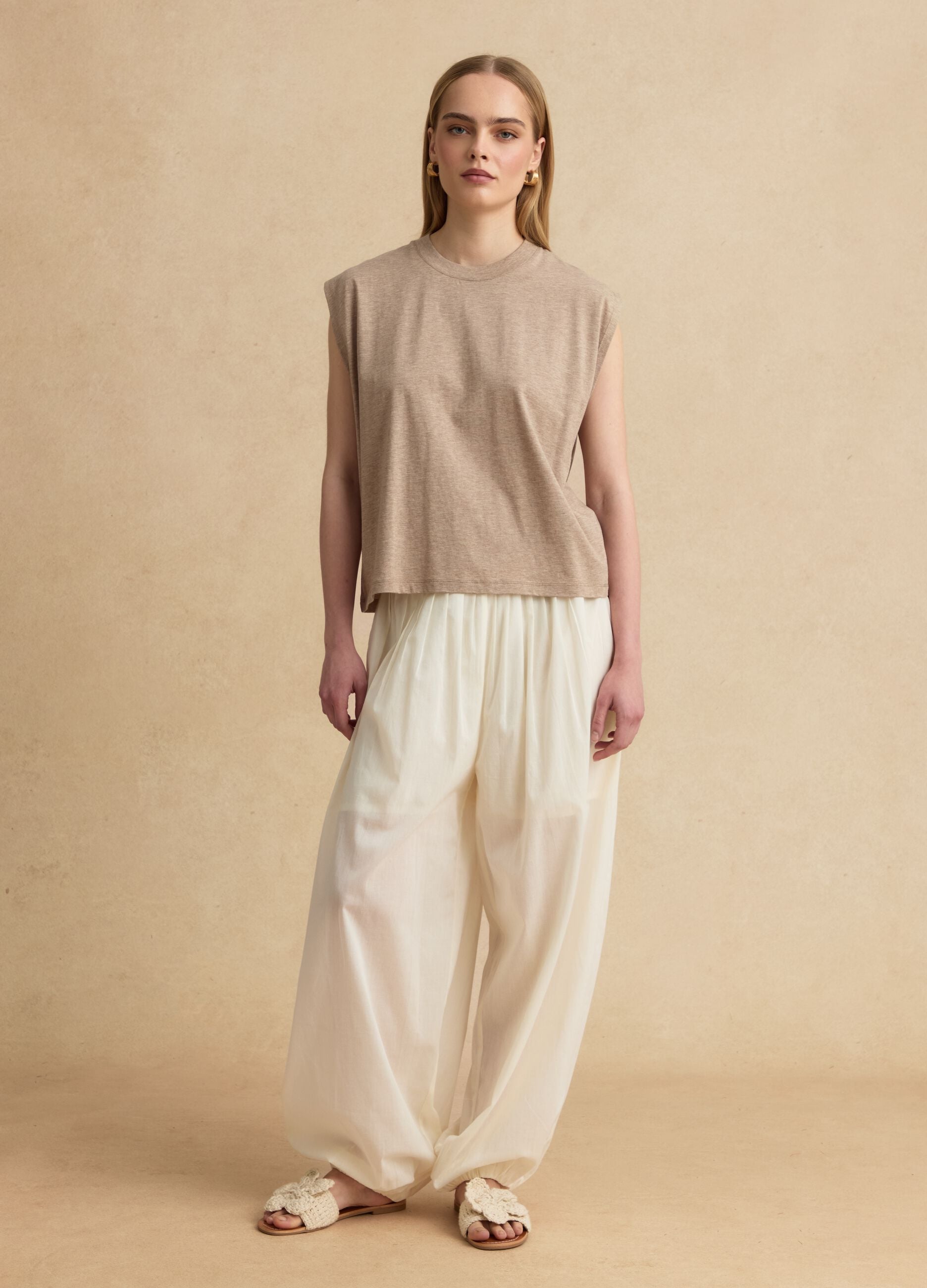 Beige regular-fit lyocell and cotton blend T-shirt with wide sleeves