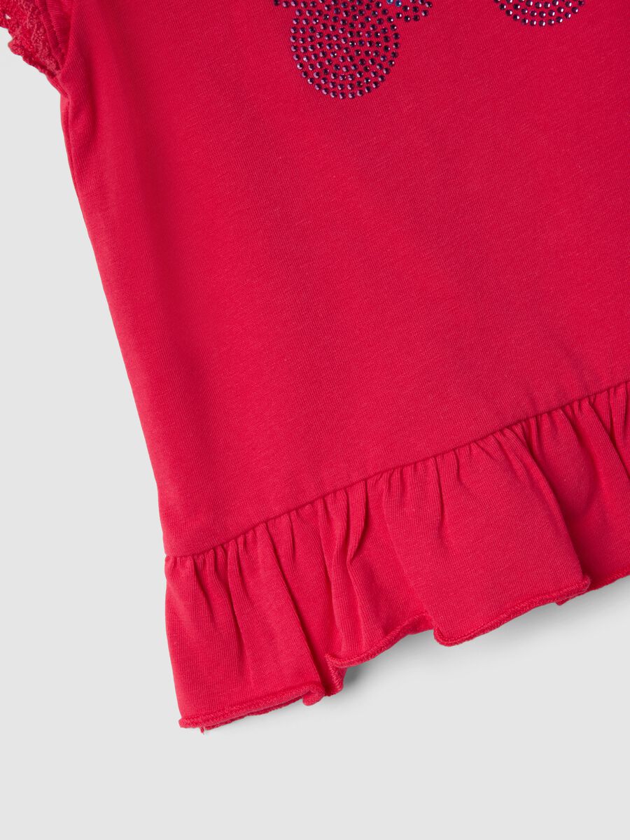 Red stretch cotton T-shirt for girls with Minnie and sequins_3