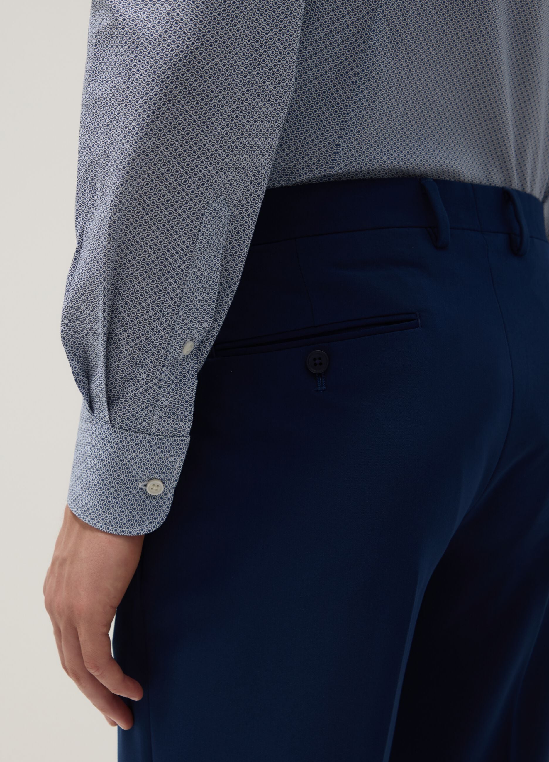 Slim fit blue stretch cotton shirt with micro checks