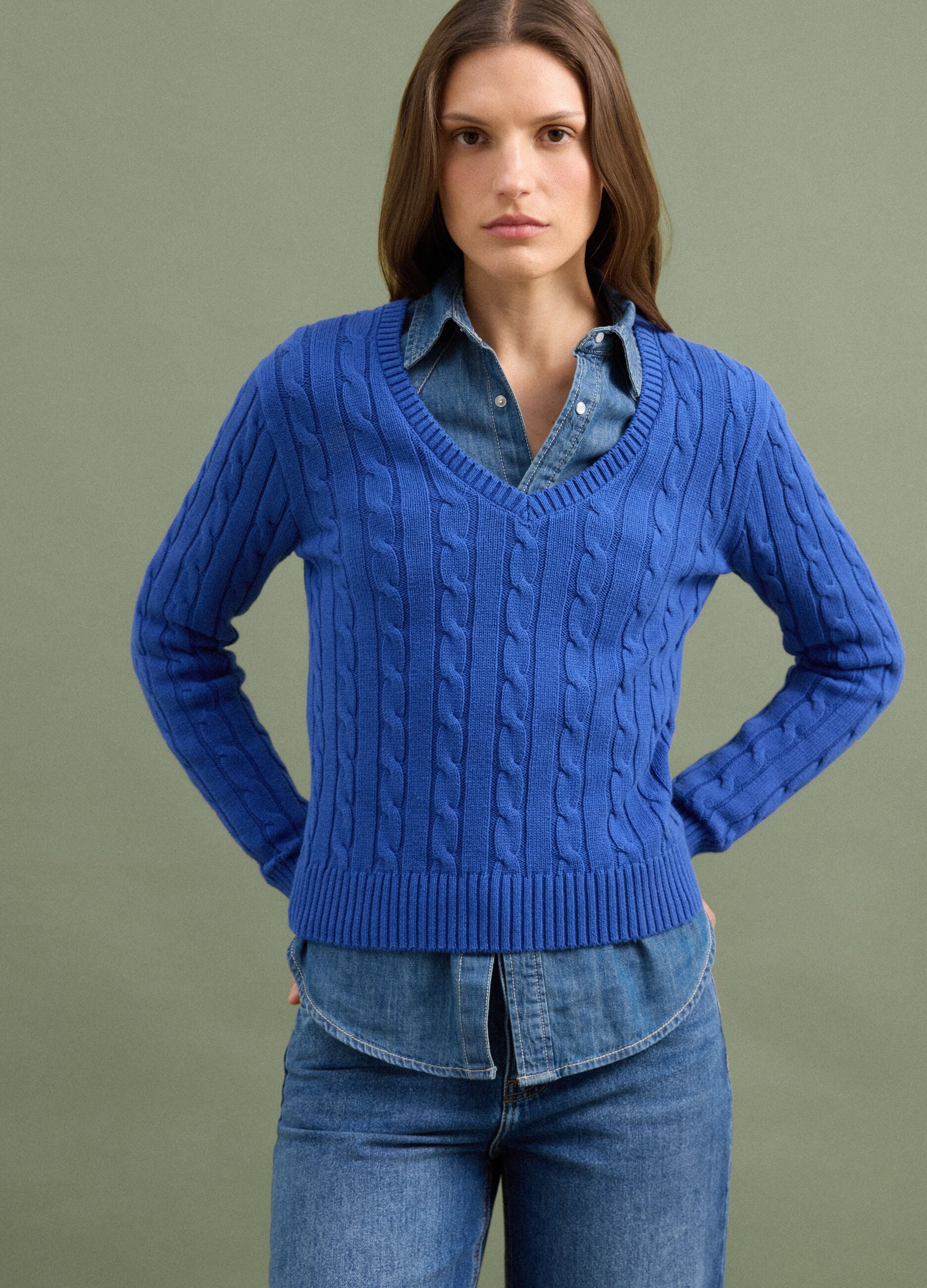 Blue pure cotton cable-knit jumper with deep V-neck