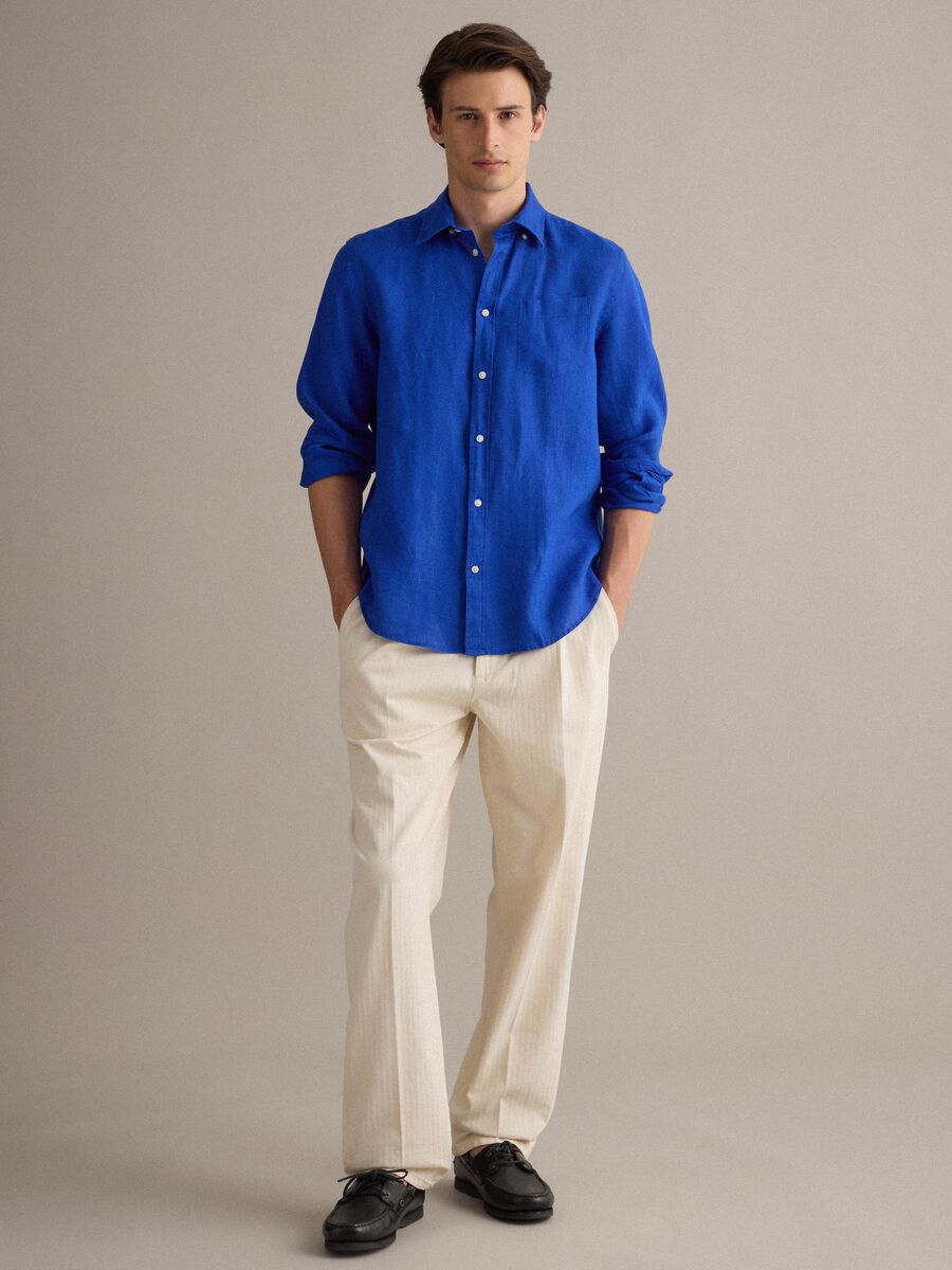 Blue pure linen shirt with button-down collar, regular fit_1