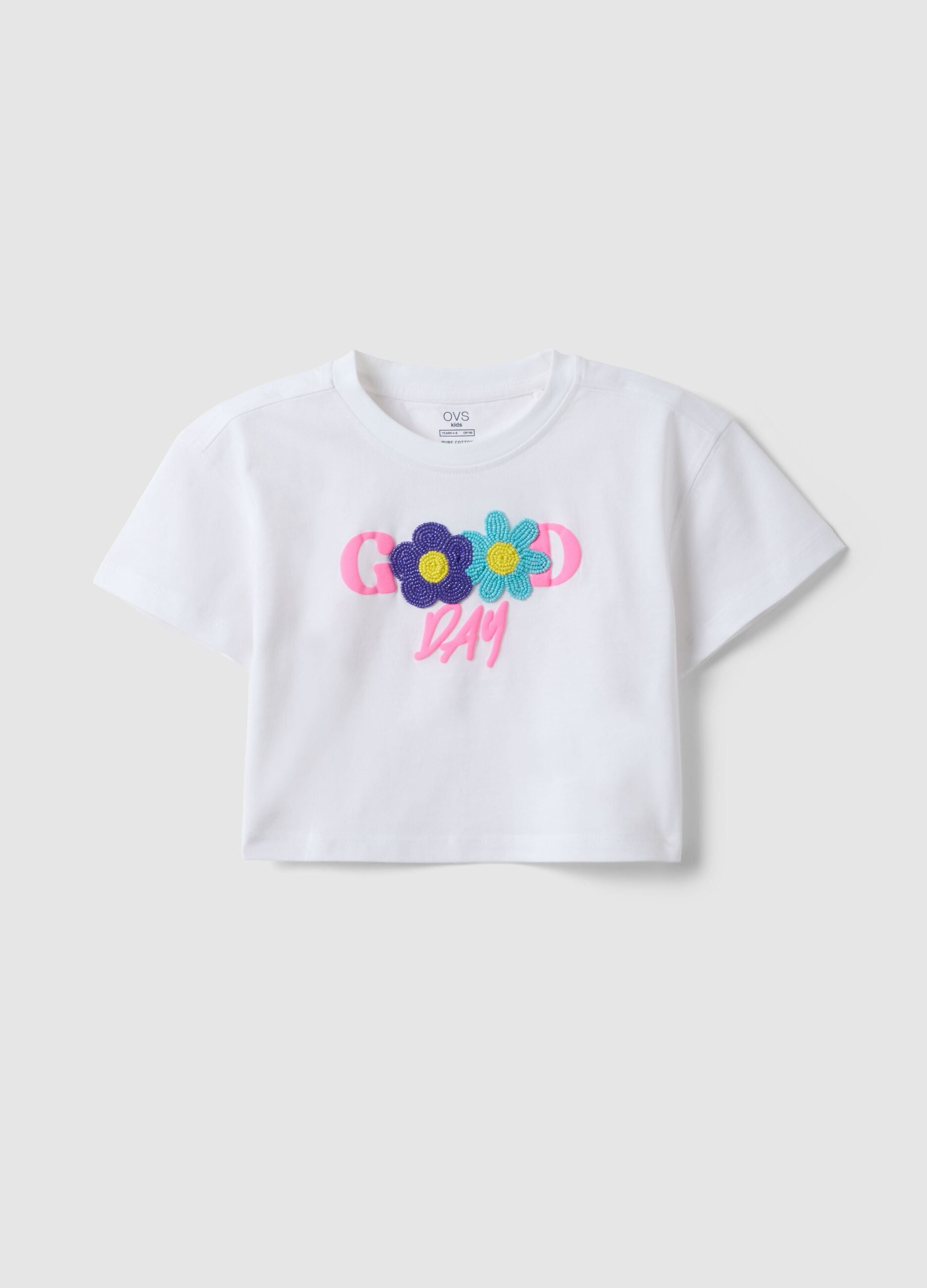 Girls' White Pure Cotton Boxy Fit T-shirt with Beaded Flowers