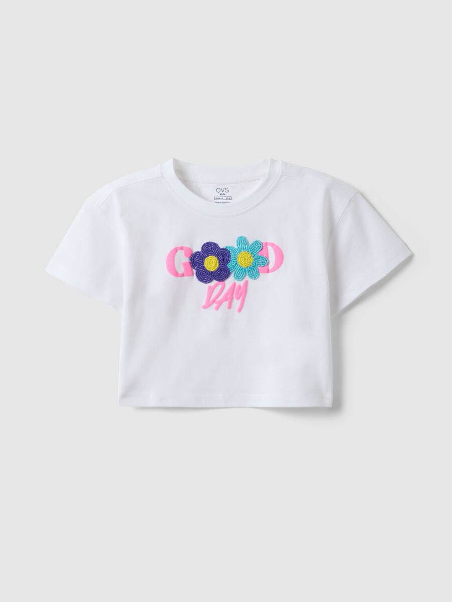 Girls' White Pure Cotton Boxy Fit T-shirt with Beaded Flowers_0
