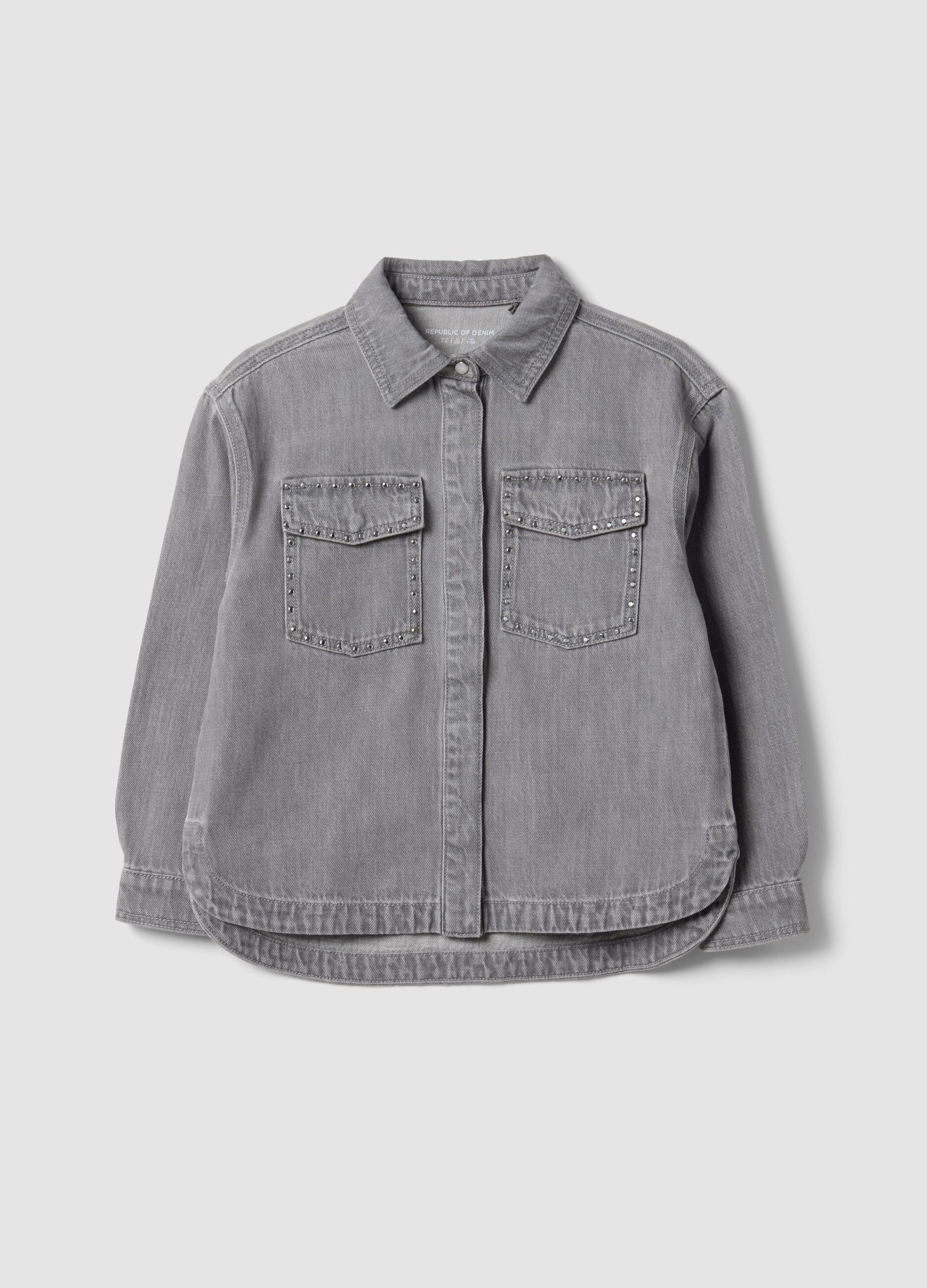 Grey oversized pure cotton shirt with studs for girls
