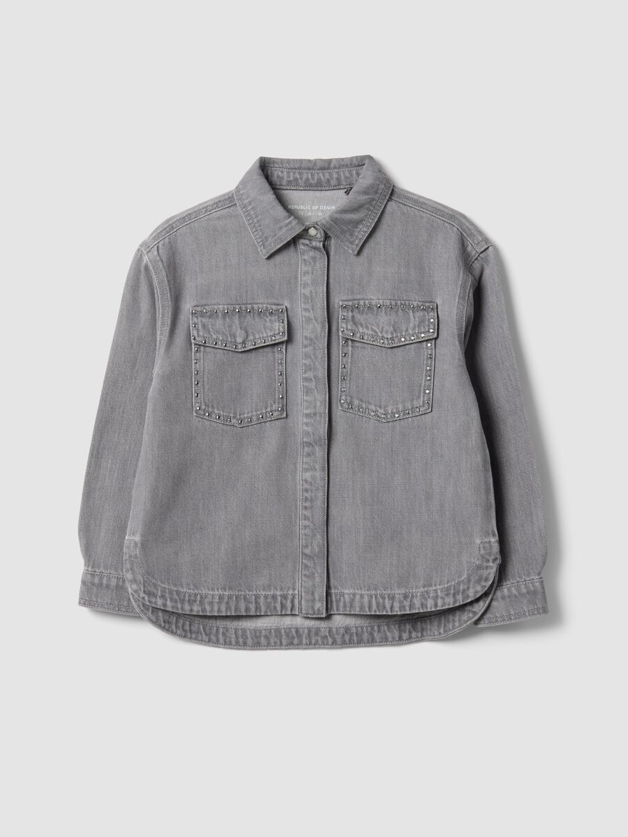 Grey oversized pure cotton shirt with studs for girls_0