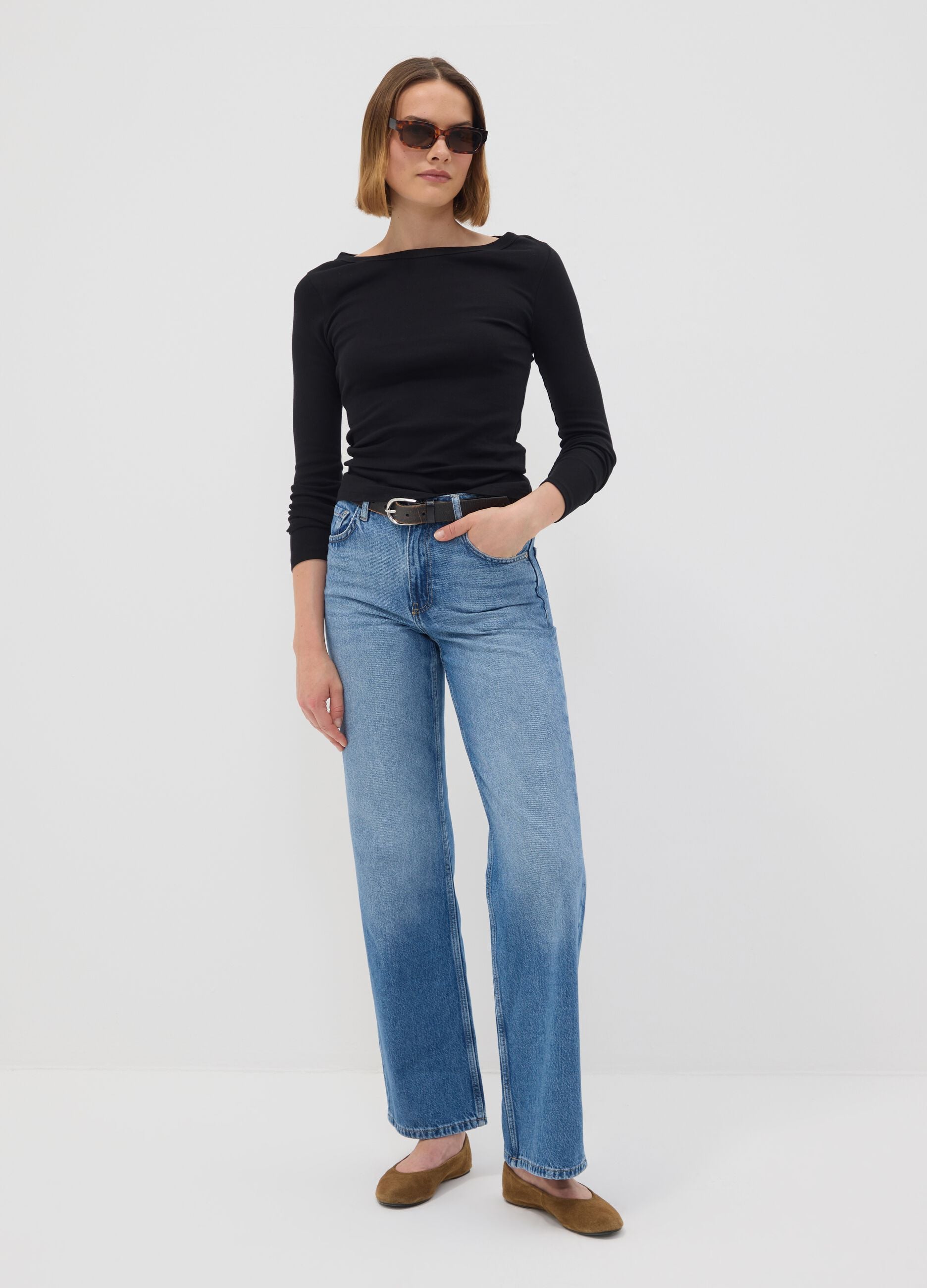 Light blue pure cotton high-waisted wide-leg denim jeans