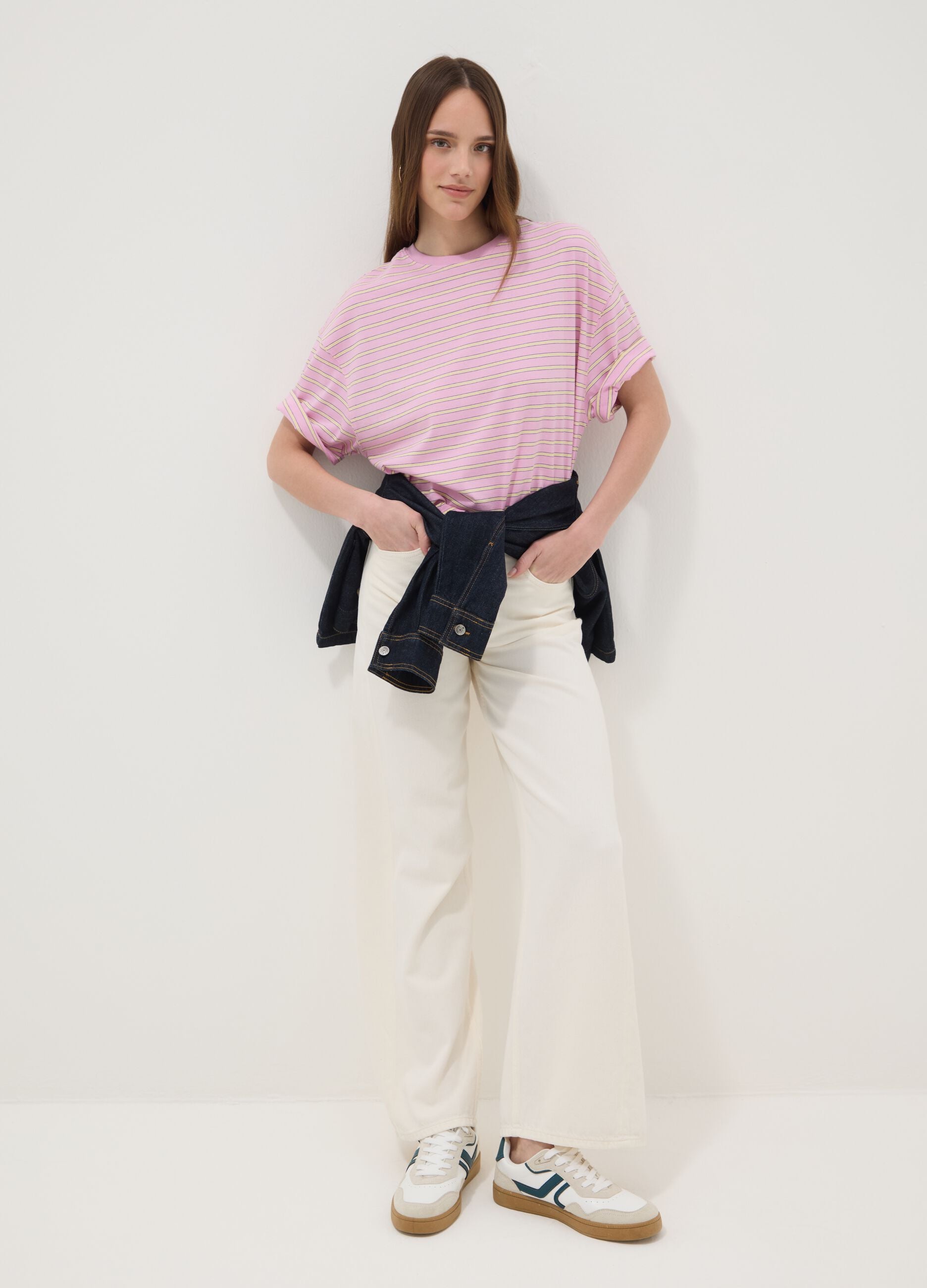 Pink pure cotton T-shirt with yellow stripes, boxy fit