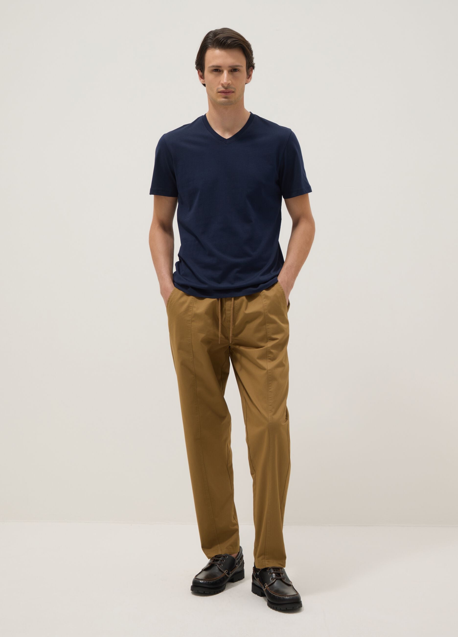 Blue pure cotton regular fit V-neck t-shirt