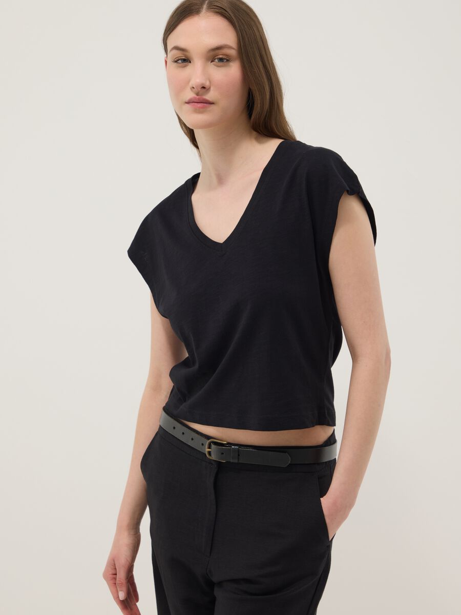 Blue pure cotton V-neck T-shirt_0