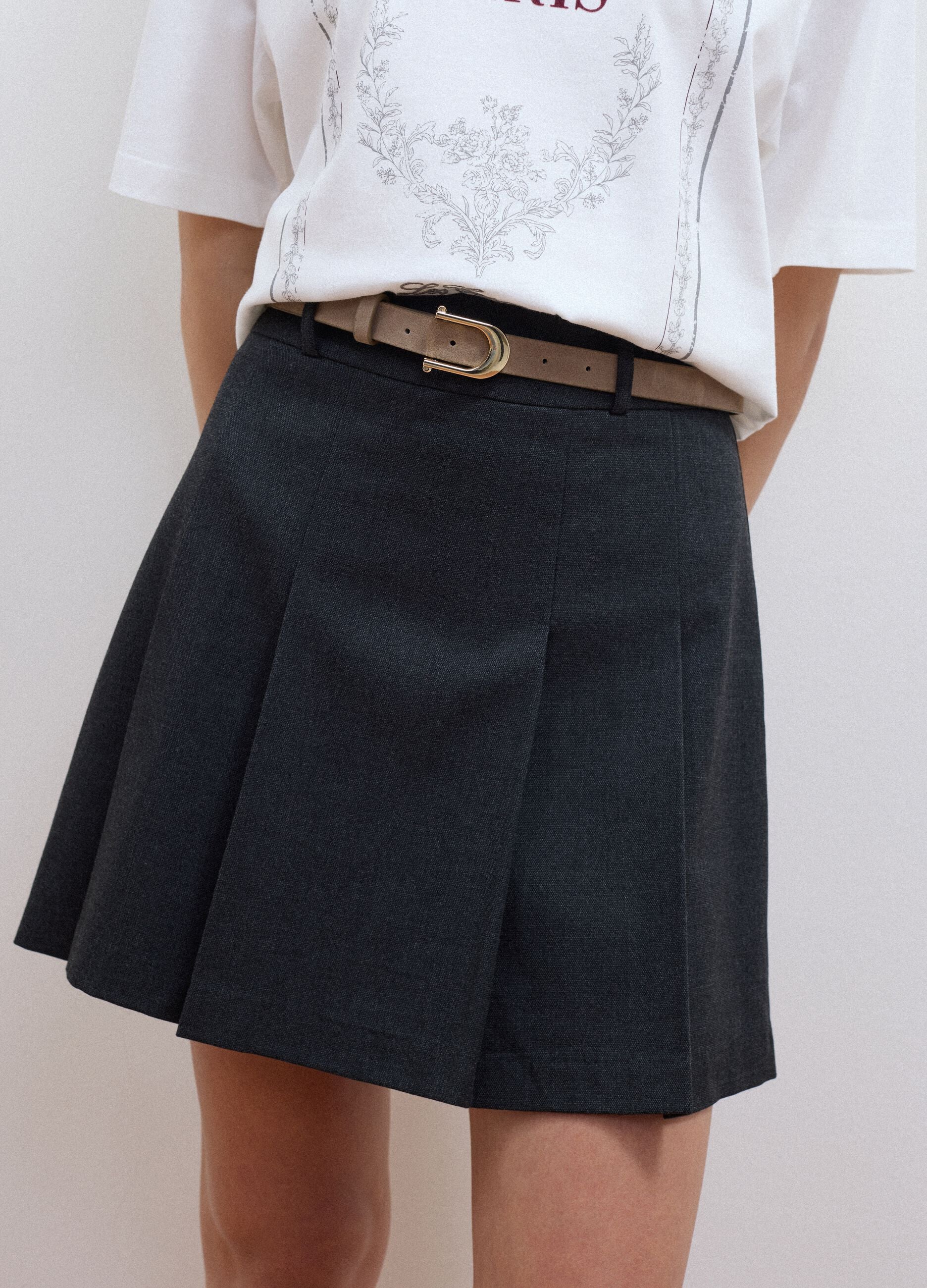 Grey stretch viscose mini skirt with belt