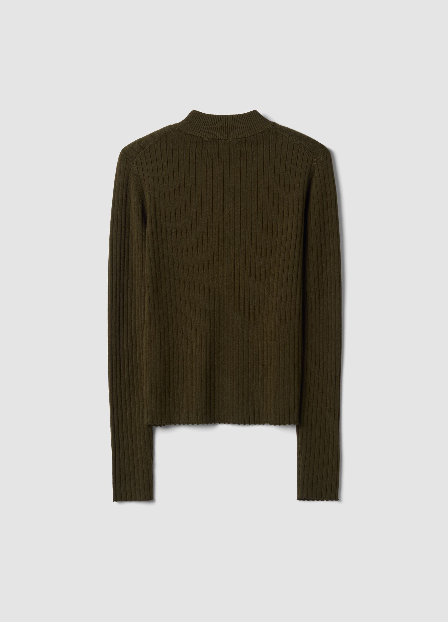 Green ribbed viscose-blend top with high neck