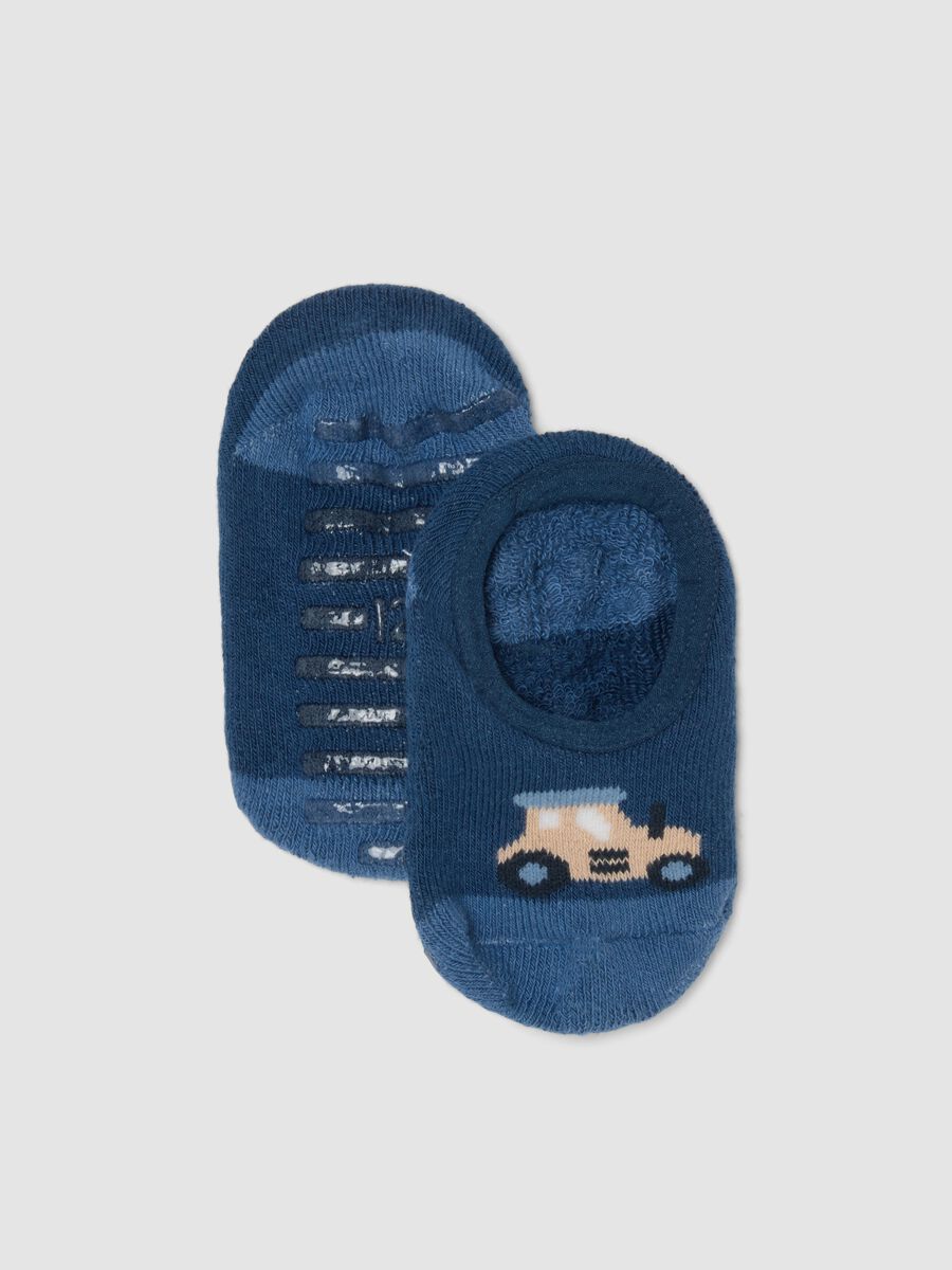 Blue organic stretch-cotton slipper socks with tractor_0