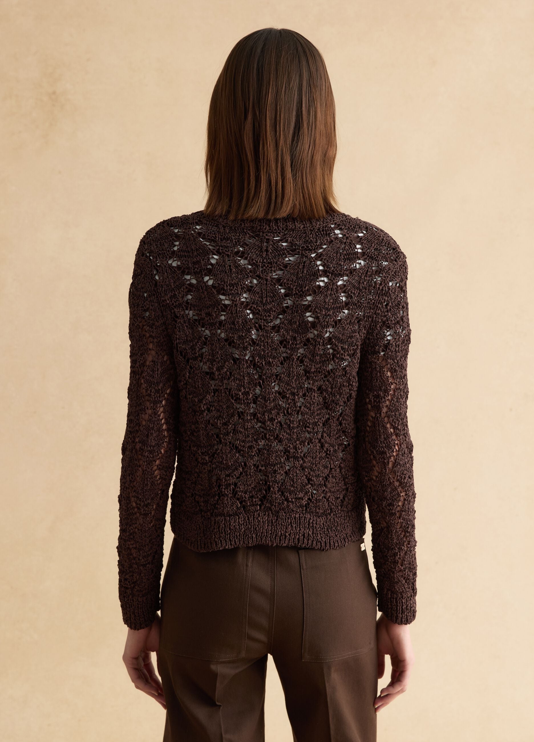 Brown cotton blend cardigan with regular fit and knitted design