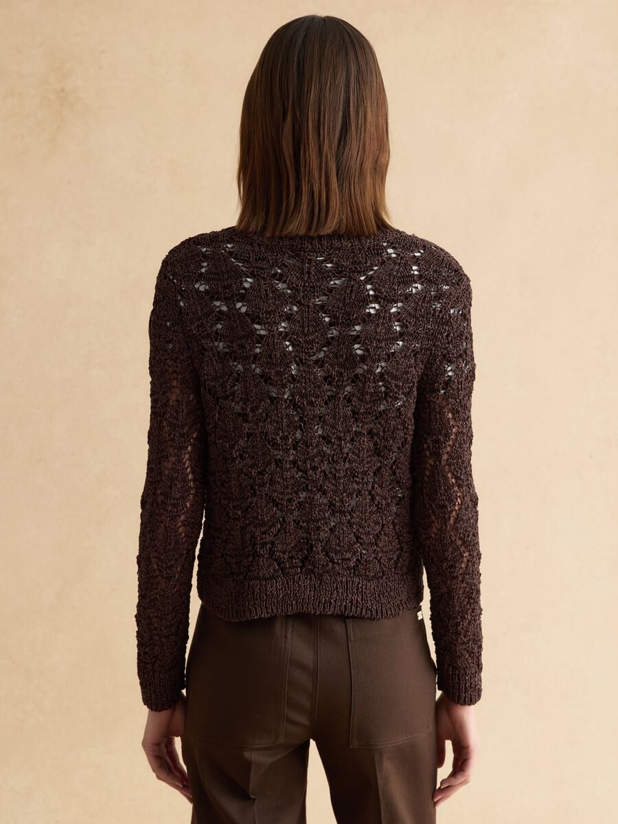 Brown cotton blend cardigan with regular fit and knitted design_3