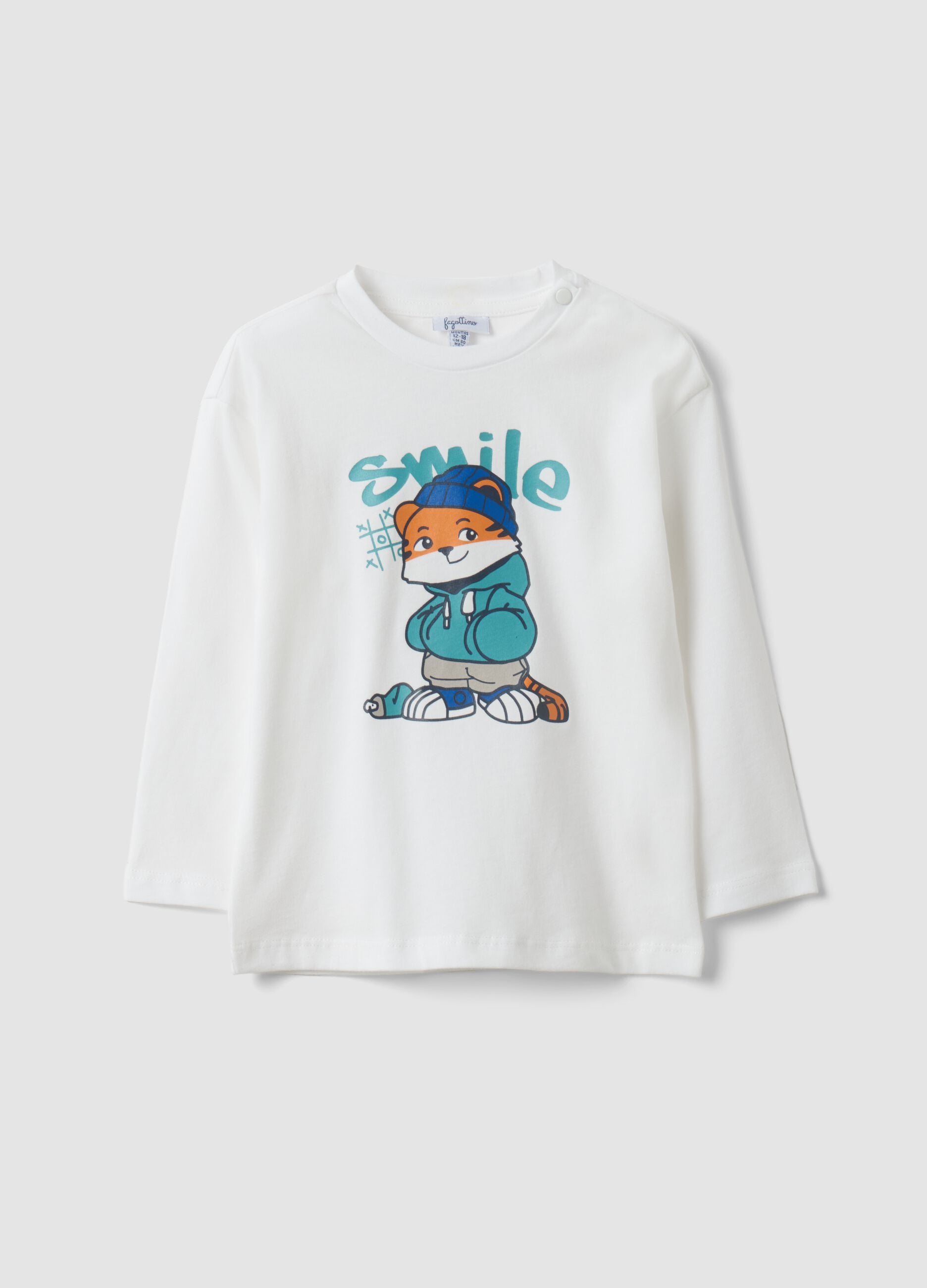 White oversized T-shirt in pure organic cotton with tiger print for boys