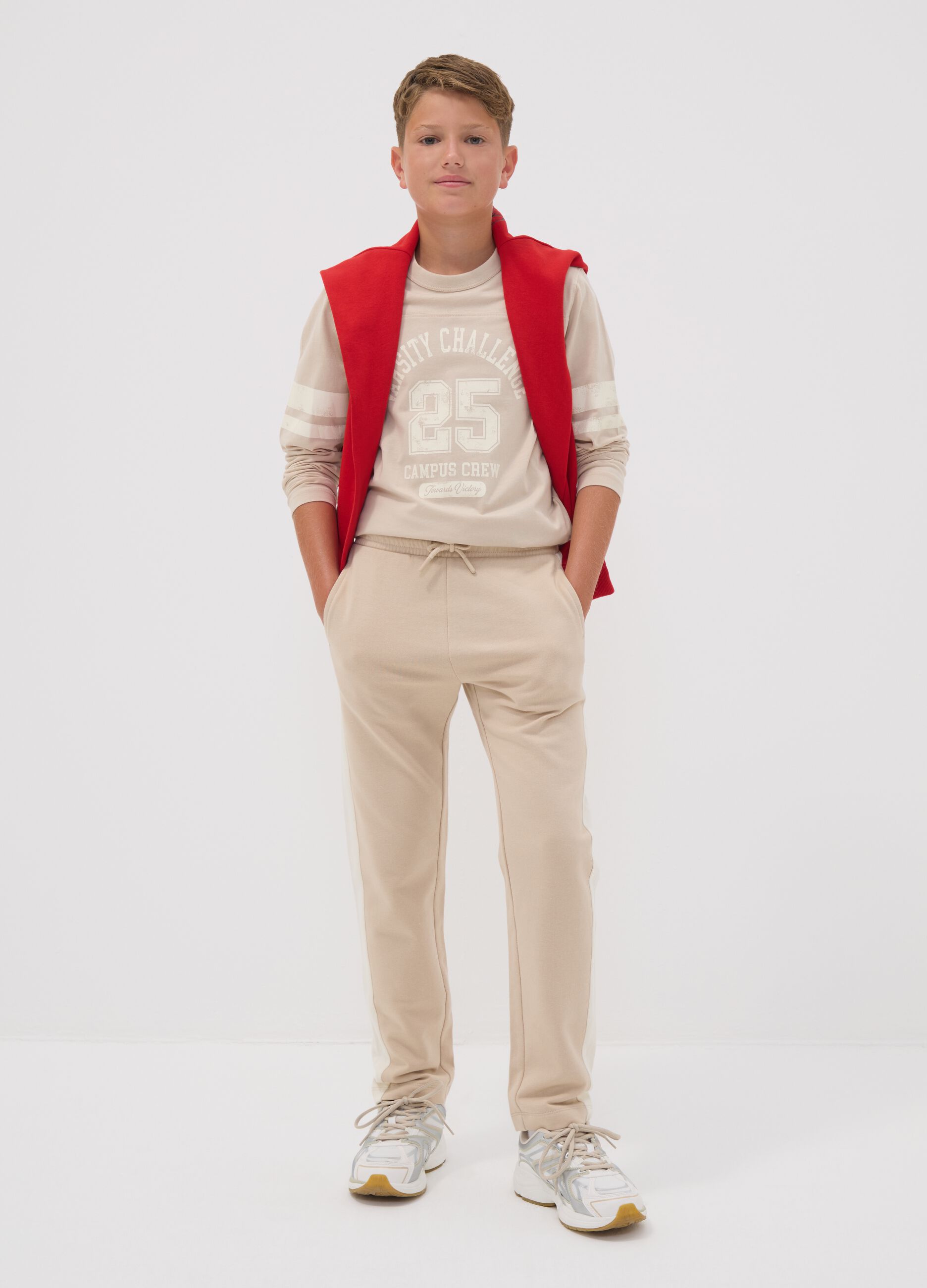 Beige pure cotton jogger trousers with side stripes for boys
