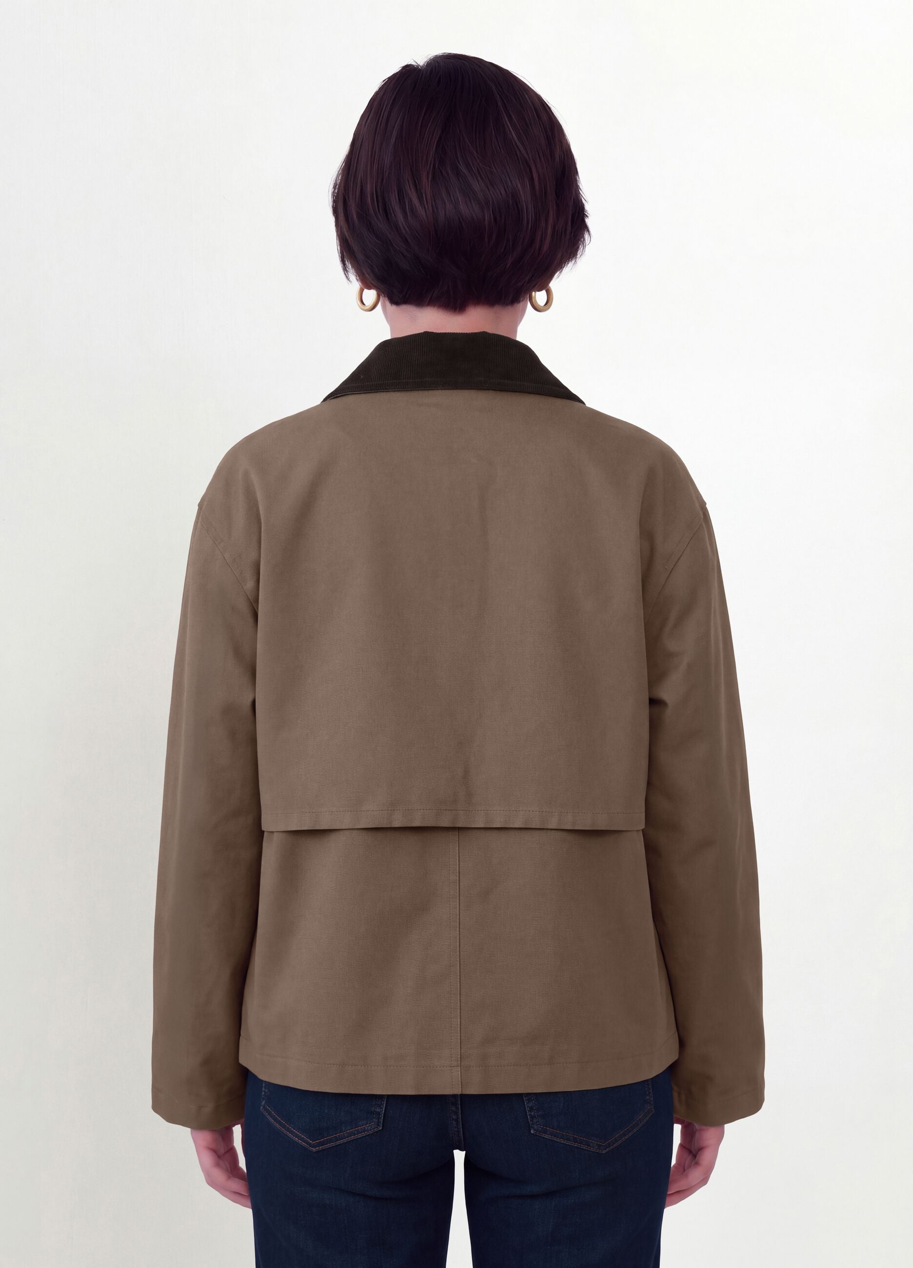 Brown pure cotton jacket with contrast collar, regular fit