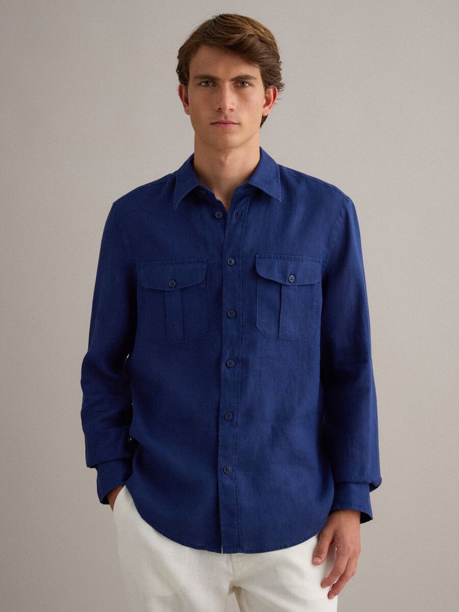 Blue regular-fit pure linen shirt with double pocket_1