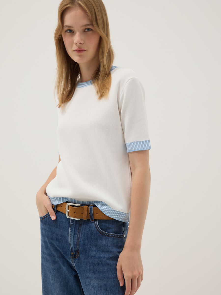 White viscose-blend T-shirt with contrast trims_0
