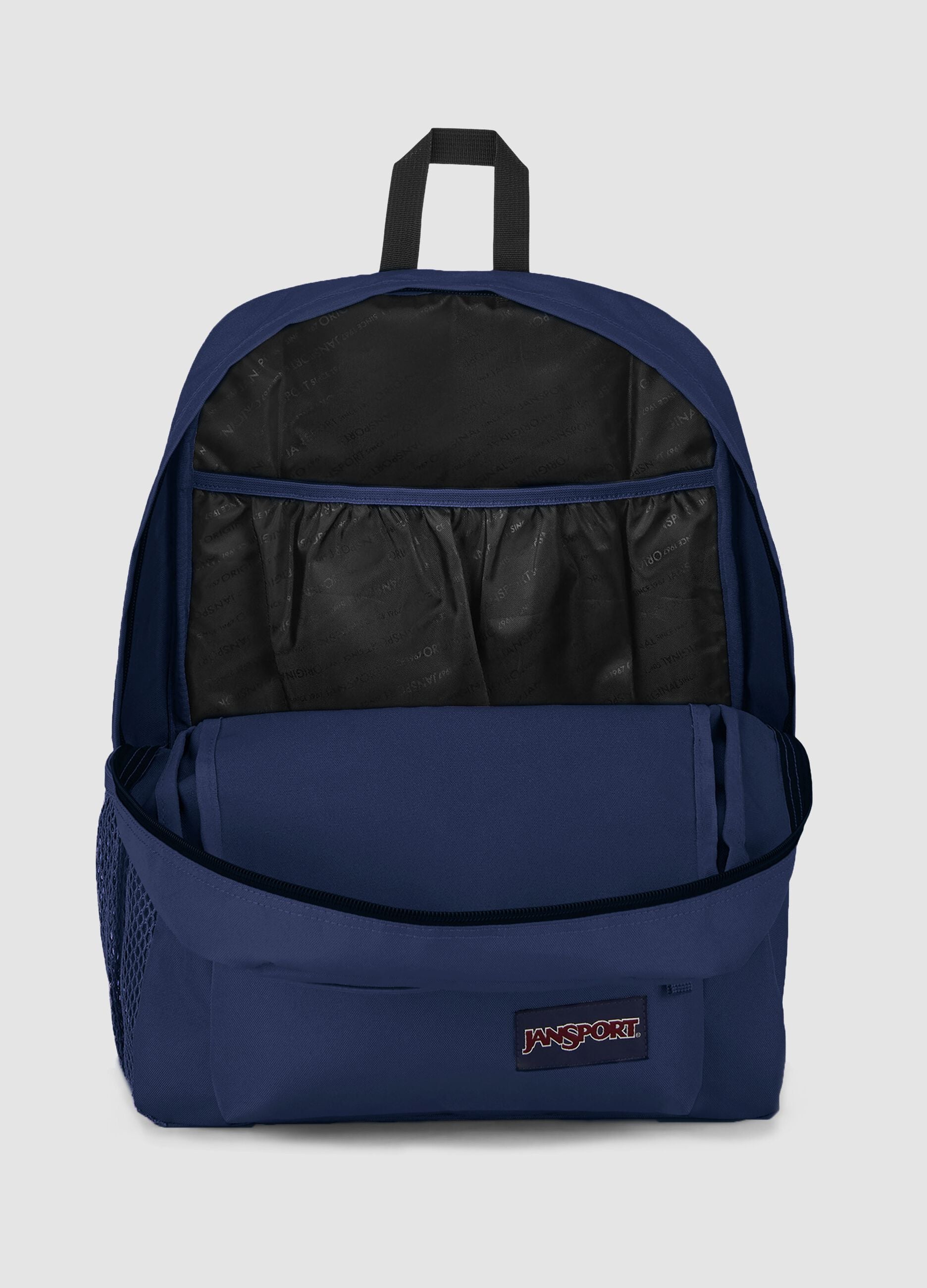 Blue backpack with front pocket and adjustable shoulder straps